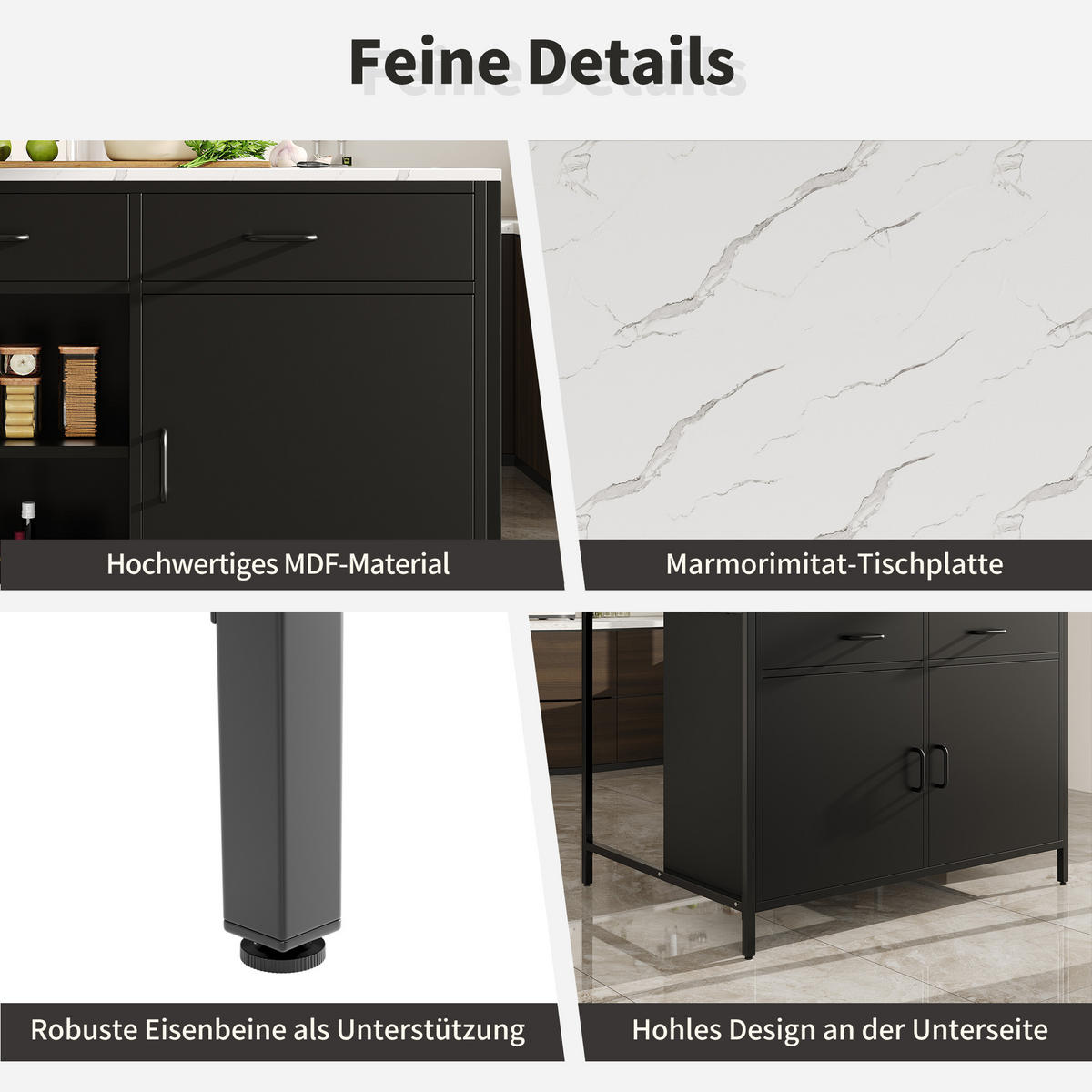 STEHTISCH 100x90x90cm Schwarz Marmoroptik mit 2 Schubladen & Eisenbeinen - Schwarz, Holzwerkstoff (100/90/90cm) - Modfu