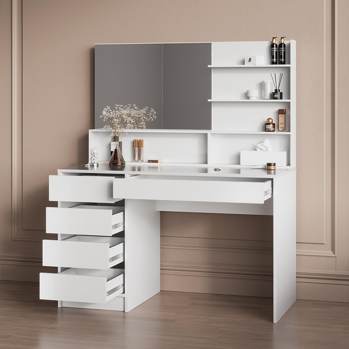 SCHMINKTISCH Imola Weiß 145 cm mit Spiegel - Weiß, Holzwerkstoff (145/75/55cm) - Livinity®