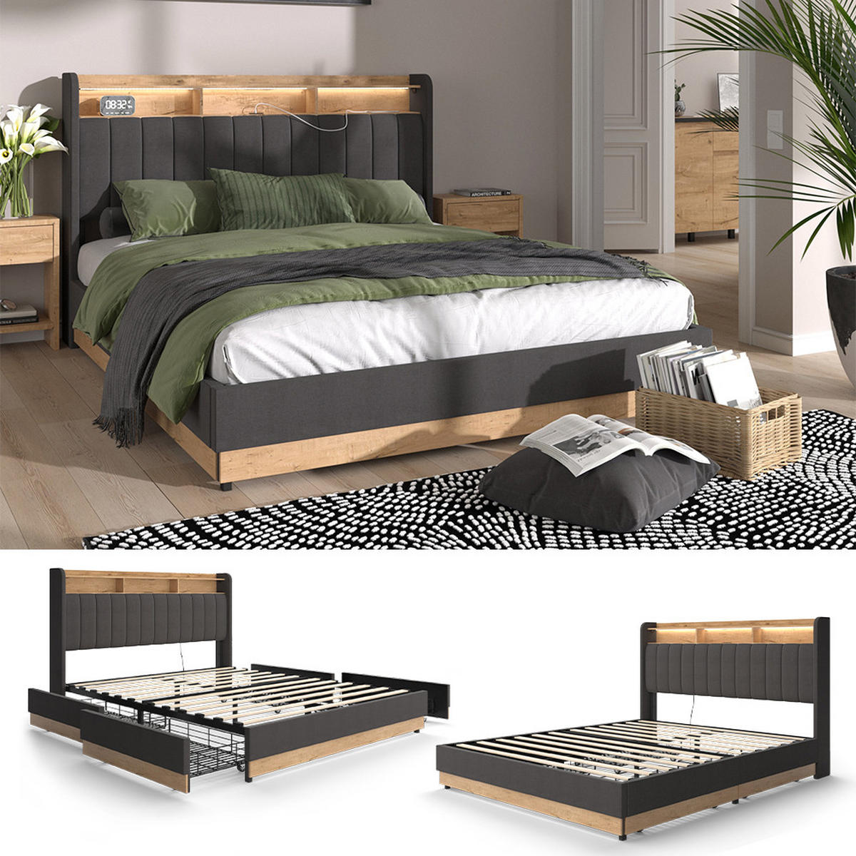 ČALOUNĚNÁ POSTEL Nura Antracit - antracitová/barva dubu, kompozitní dřevo - VitaliSpa