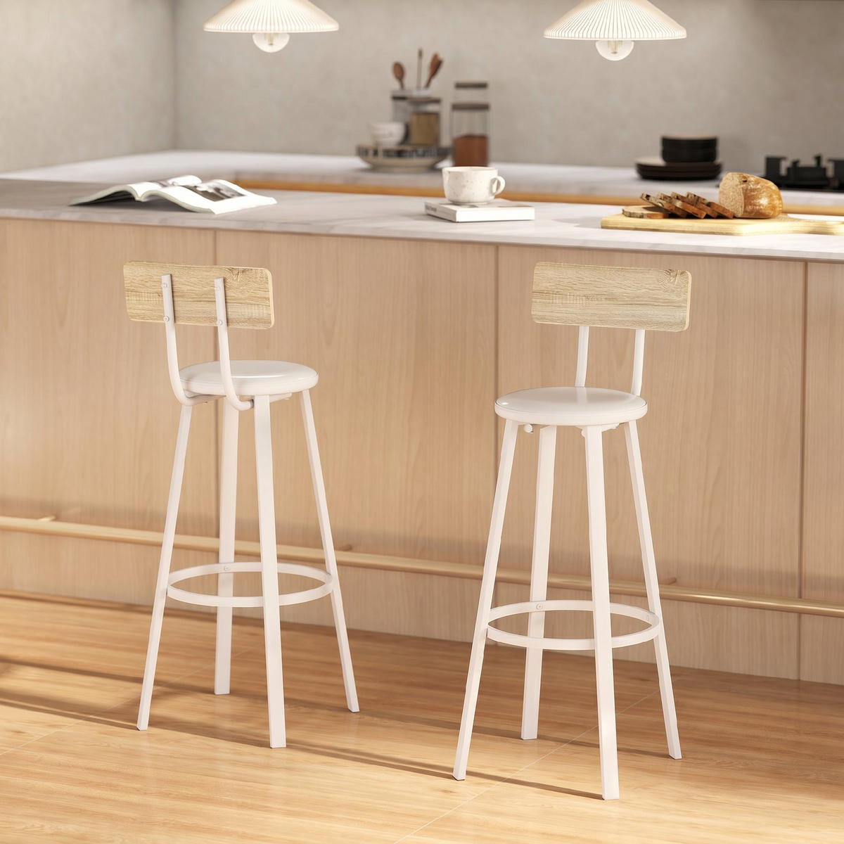 BARHOCKER 2er-Set DE-14824 gepolstert mit Rückenlehne Naturholz/Weiß - Weiß, Metall (36.5/99.5/41.5cm) - ComfortXL