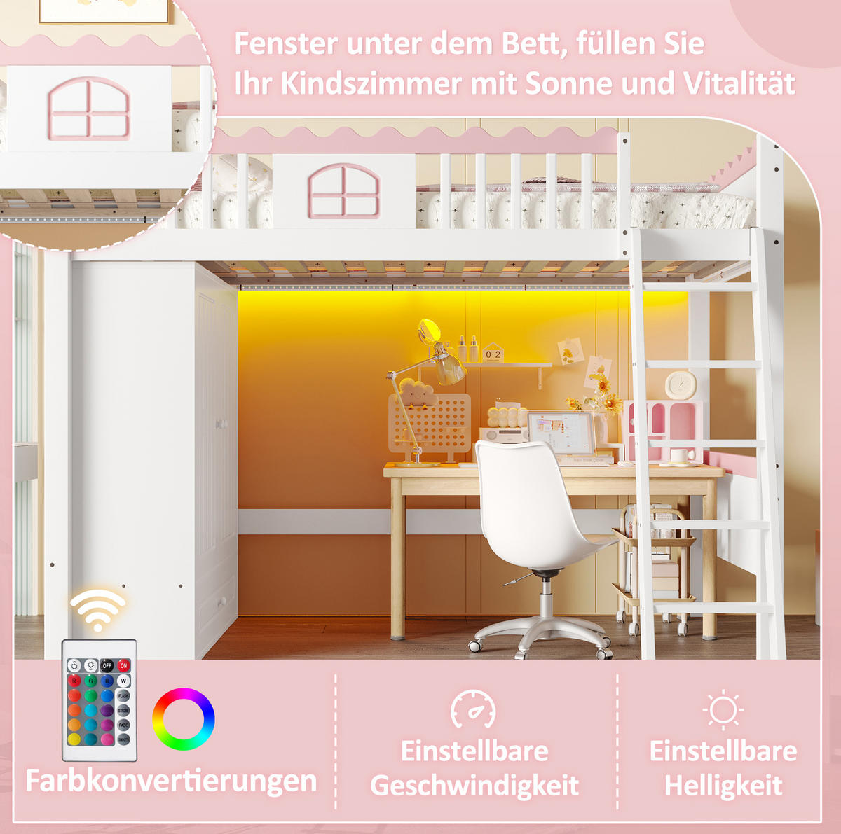 HOCHBETT 90/200 cm in Weiß mit Kleiderschrank, Schublade und LED-Leiste - Weiß, Holz (90/200cm) - BEAOK