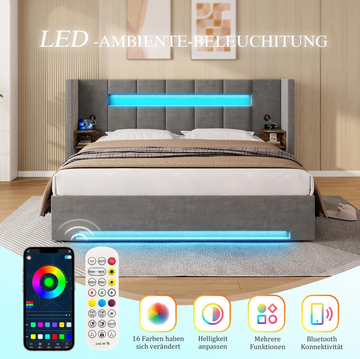 POLSTERBETT 160/200 cm mit USB-Anschlüssen, LED-Beleuchtung, Hydraulik-Stauraum und Seitenschränken, Dunkelgrau - Dunkelgrau, Textil (160/200cm) - Redom