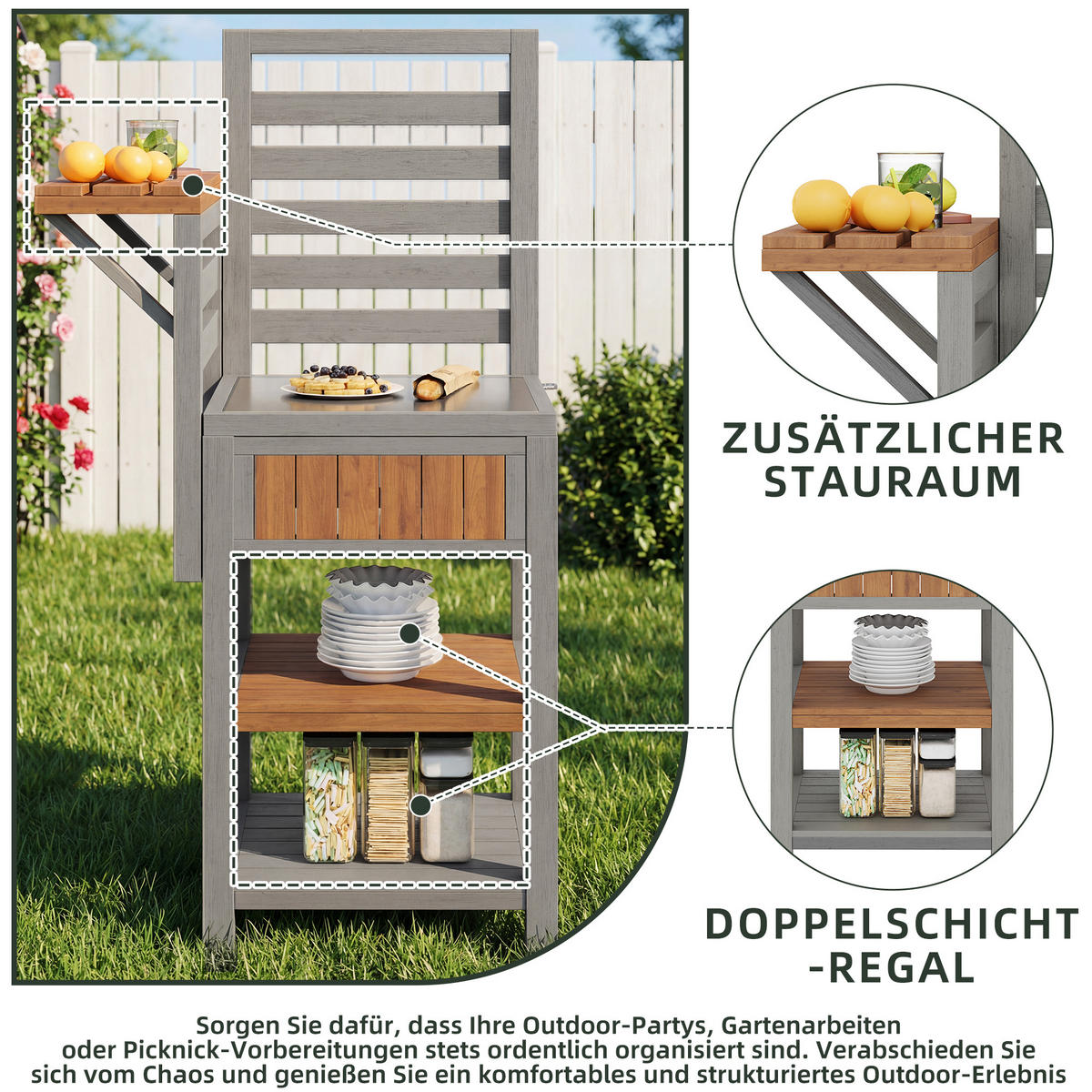GARTENSCHRANK Holz Edelstahl Outdoor Grillstation Stauraum - Naturfarben, Holz (54/149/74cm) - FLIEKS