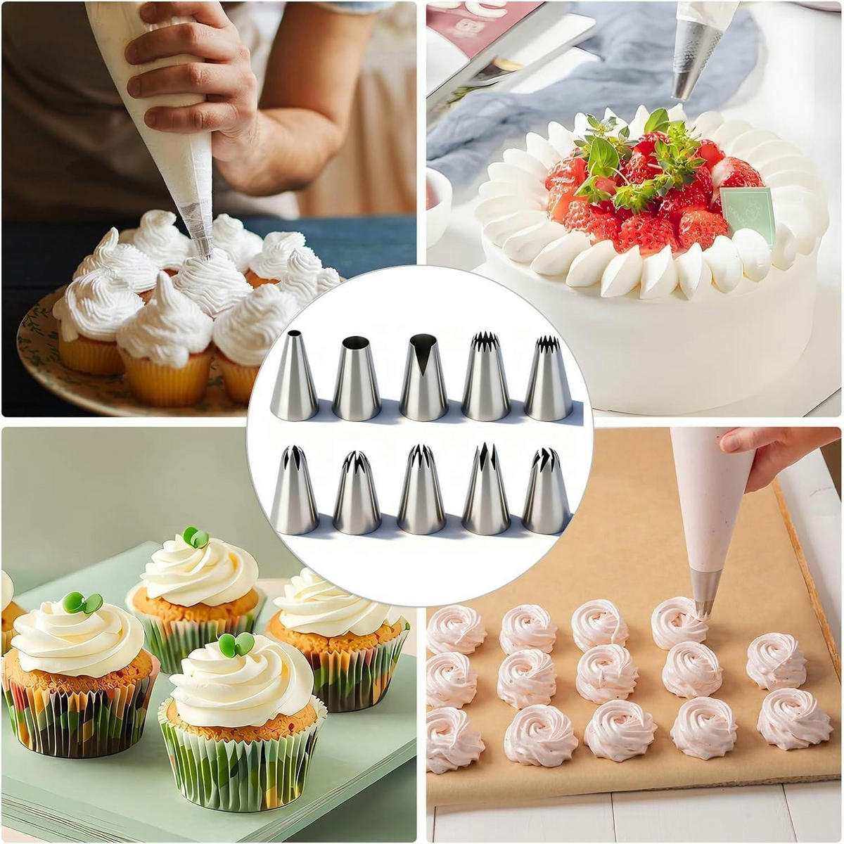 SPRITZTÜLLEN Set 10-teilig Edelstahl 304 für Kuchen und Cupcakes - Silberfarben, Metall (2.4/2.4/4.4cm)