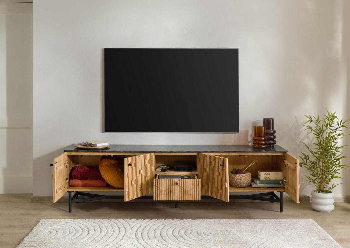 TV-BOARD Akazie 200x40x55 natur lackiert / Marmor schwarz LONDON #106 - Naturfarben, Holz (200/55/40cm) - Massivmoebel24
