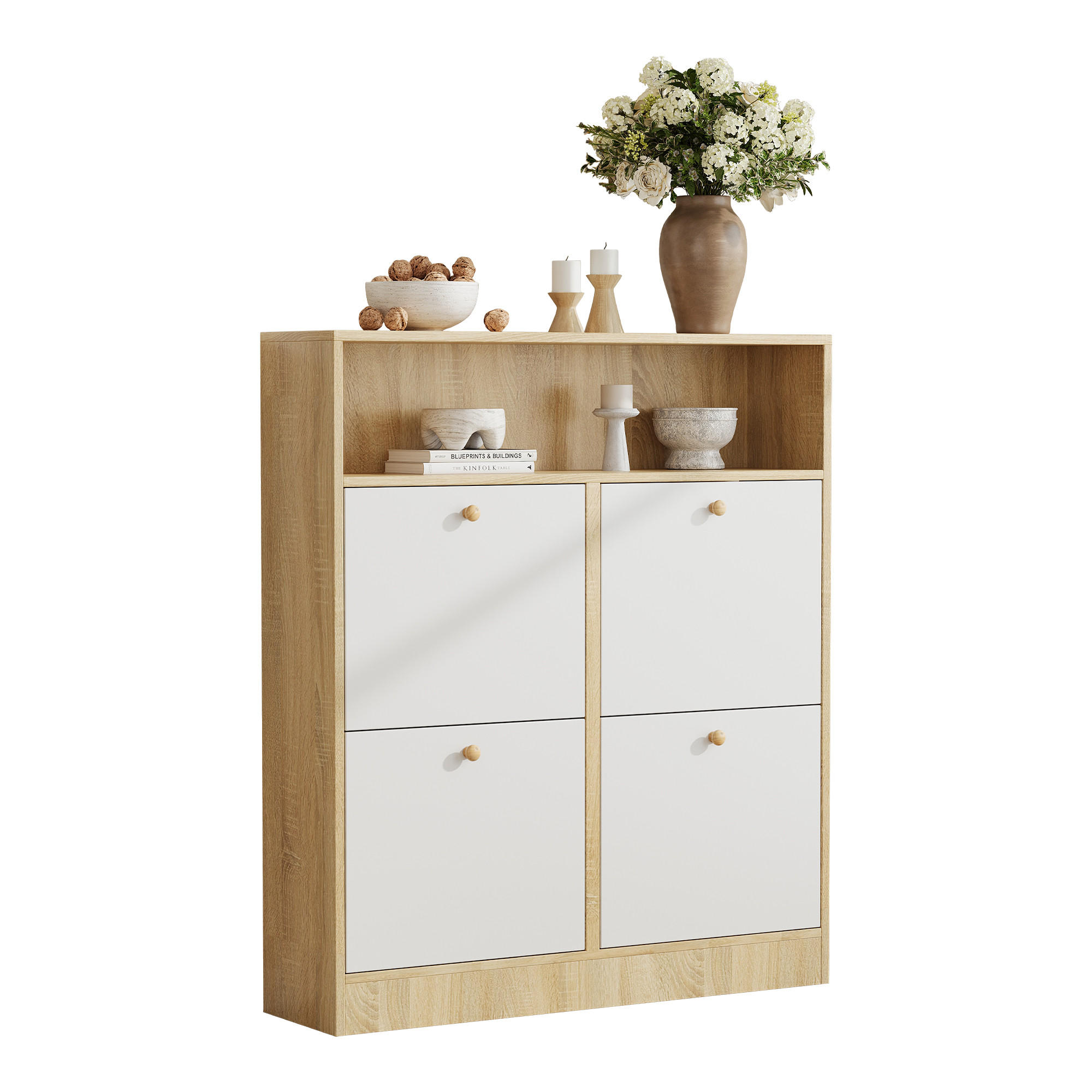 SCHUHSCHRANK mit 4 Klappen 90/24/104,5 cm in Weiß/Natur, schmales Design - Naturfarben, Holzwerkstoff (90/104.5/24cm) - BEAOK
