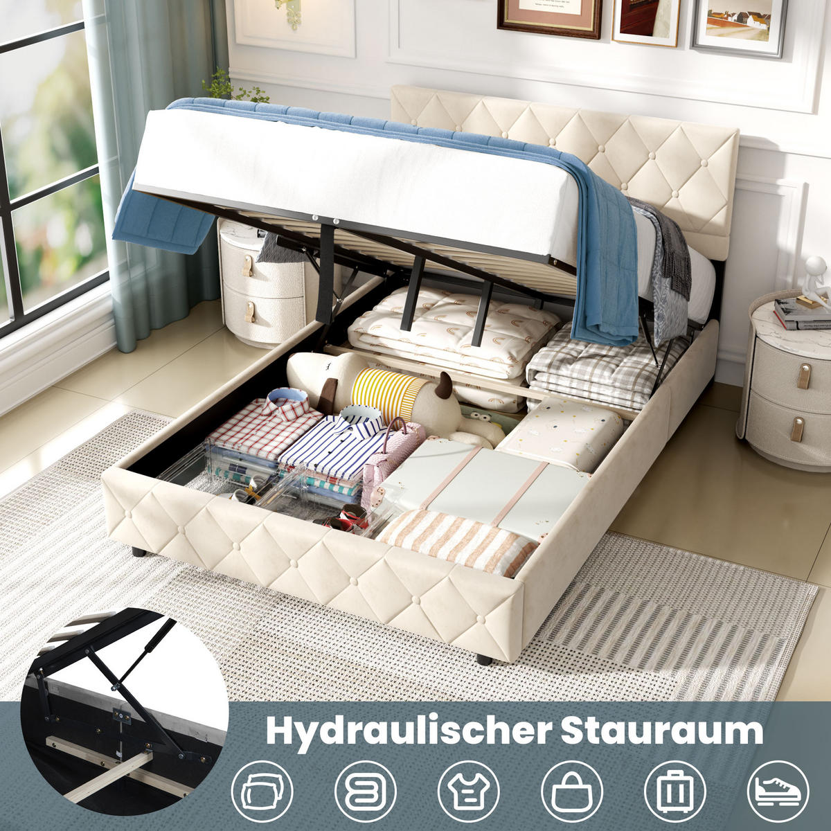 POLSTERBETT 140/200 cm aus Samt in Beige mit Stauraum und Lattenrost - Beige, Textil (140/200cm) - BEAOK