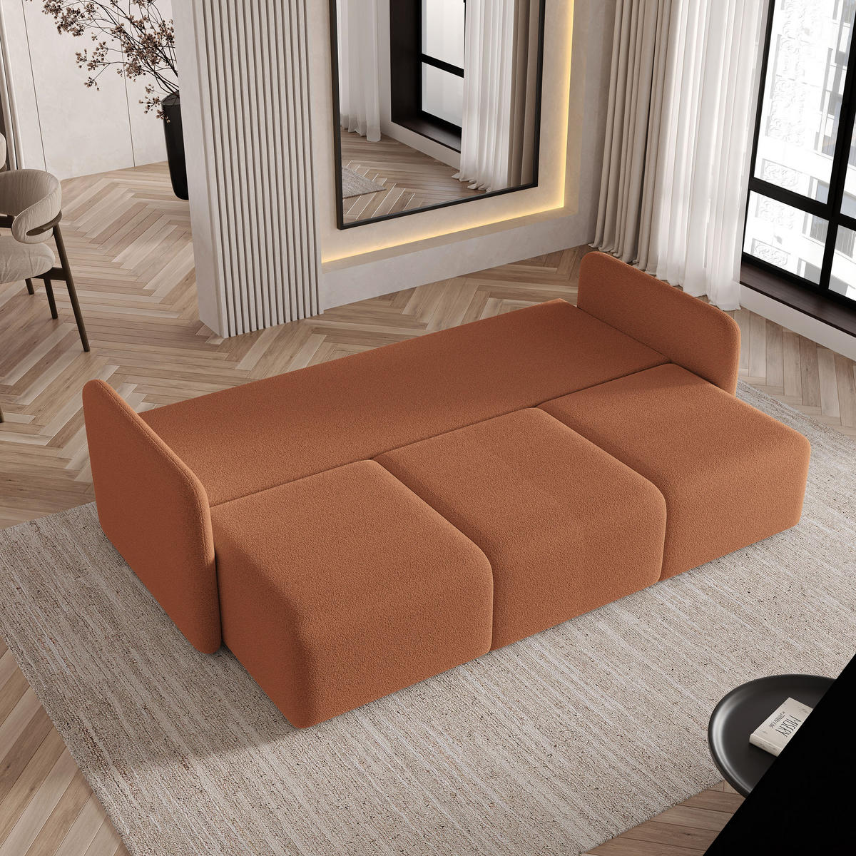 BETTSOFA SUVI III Q Hellbraun Bucle-Stoff mit Schlaffunktion - Braun, Textil (220/85/90cm) - MASSENO