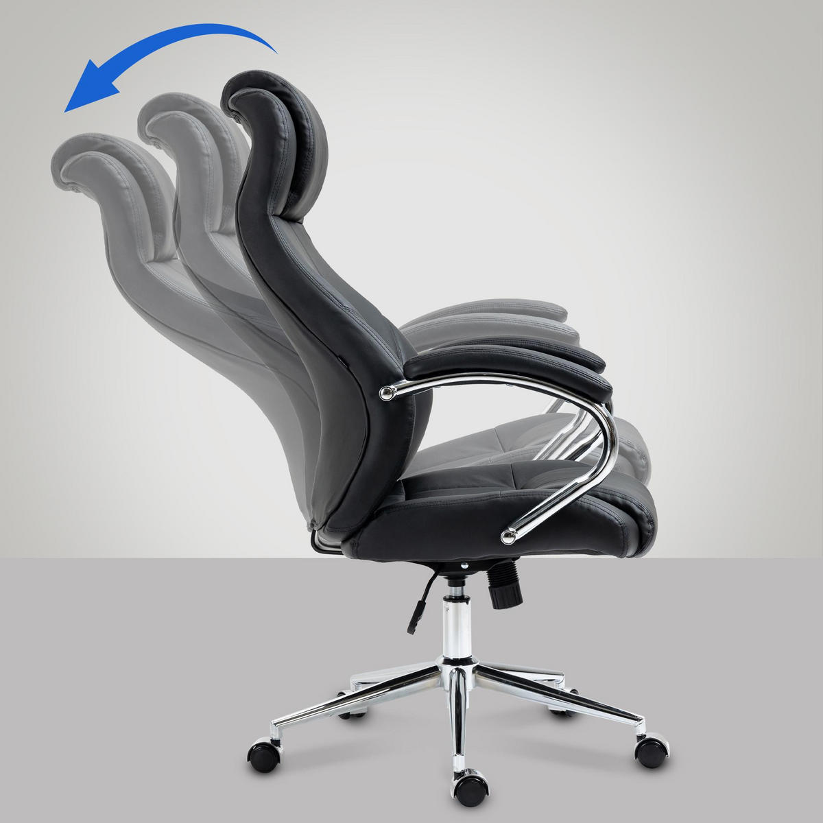 CHEFSESSEL Echtleder schwarz - Chromfarben/Schwarz, Leder/Metall (64/120/79cm) - CLP