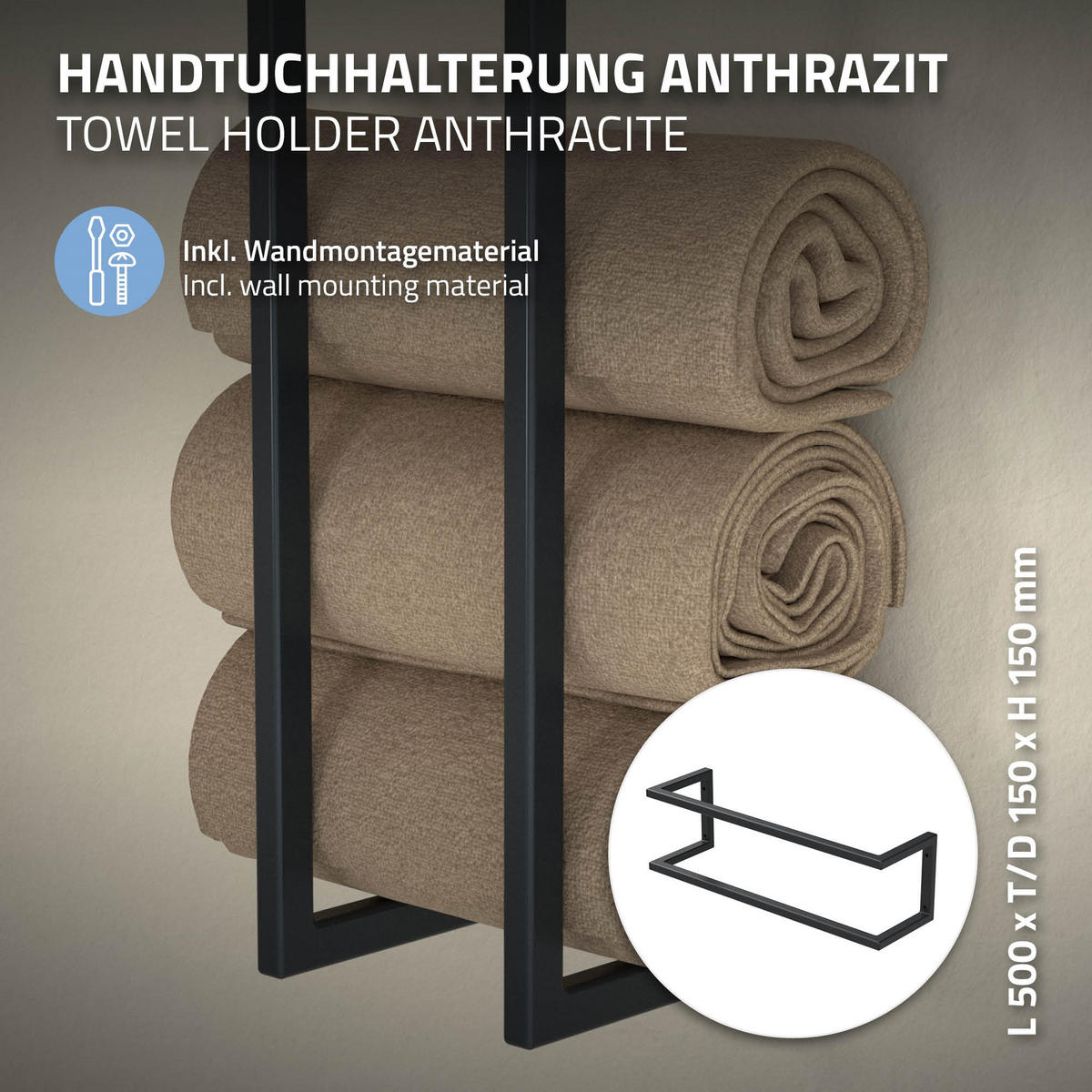 HANDTUCHHALTER 50cm - Anthrazit, Metall (15/15/50cm) - ML-DESIGN