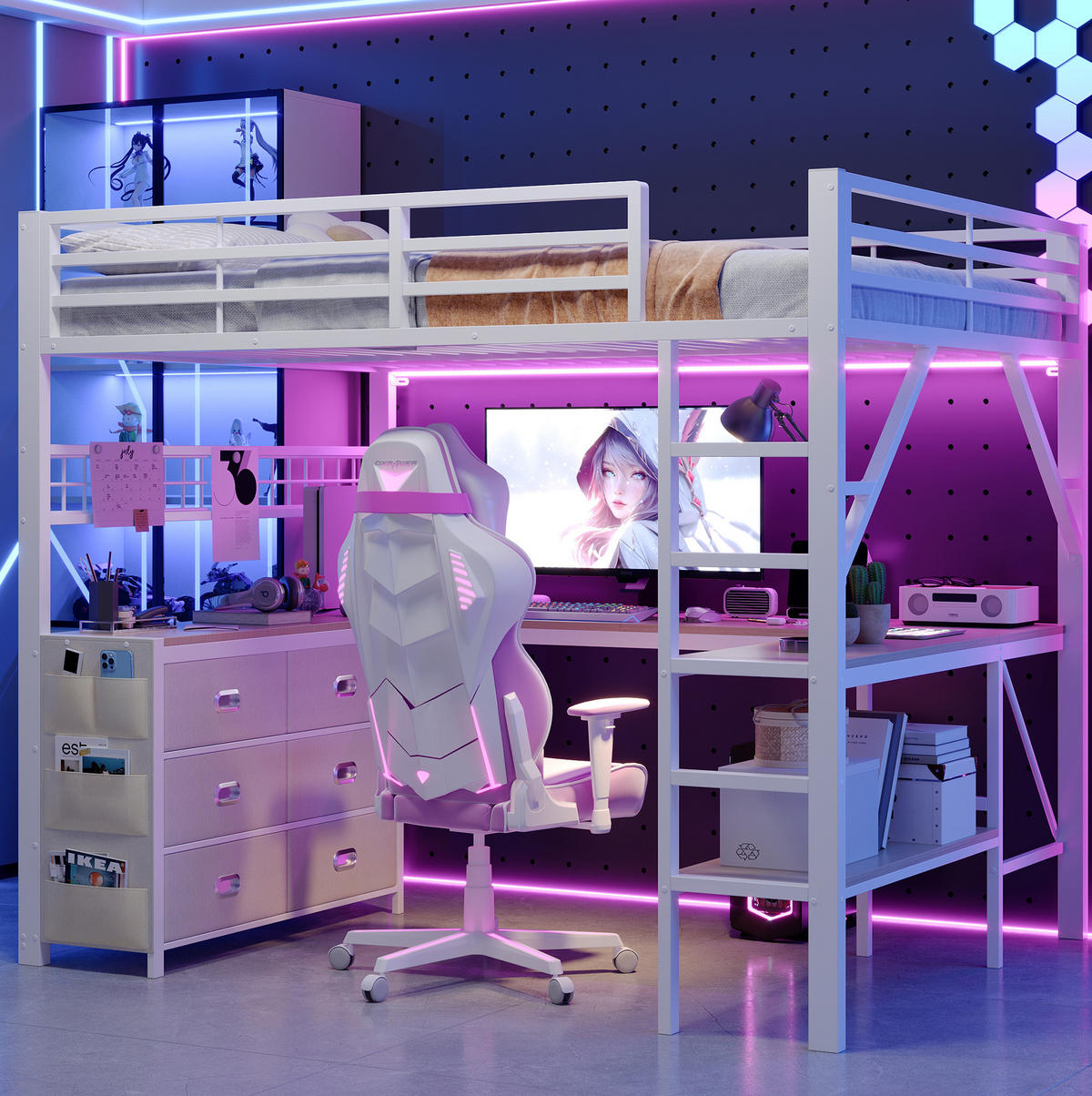 GAMING-HOCHBETT 140x200 cm in Weiß mit Schreibtisch, Schubladen und LED-Beleuchtung - Weiß, Holzwerkstoff (140/200cm) - IVMEU