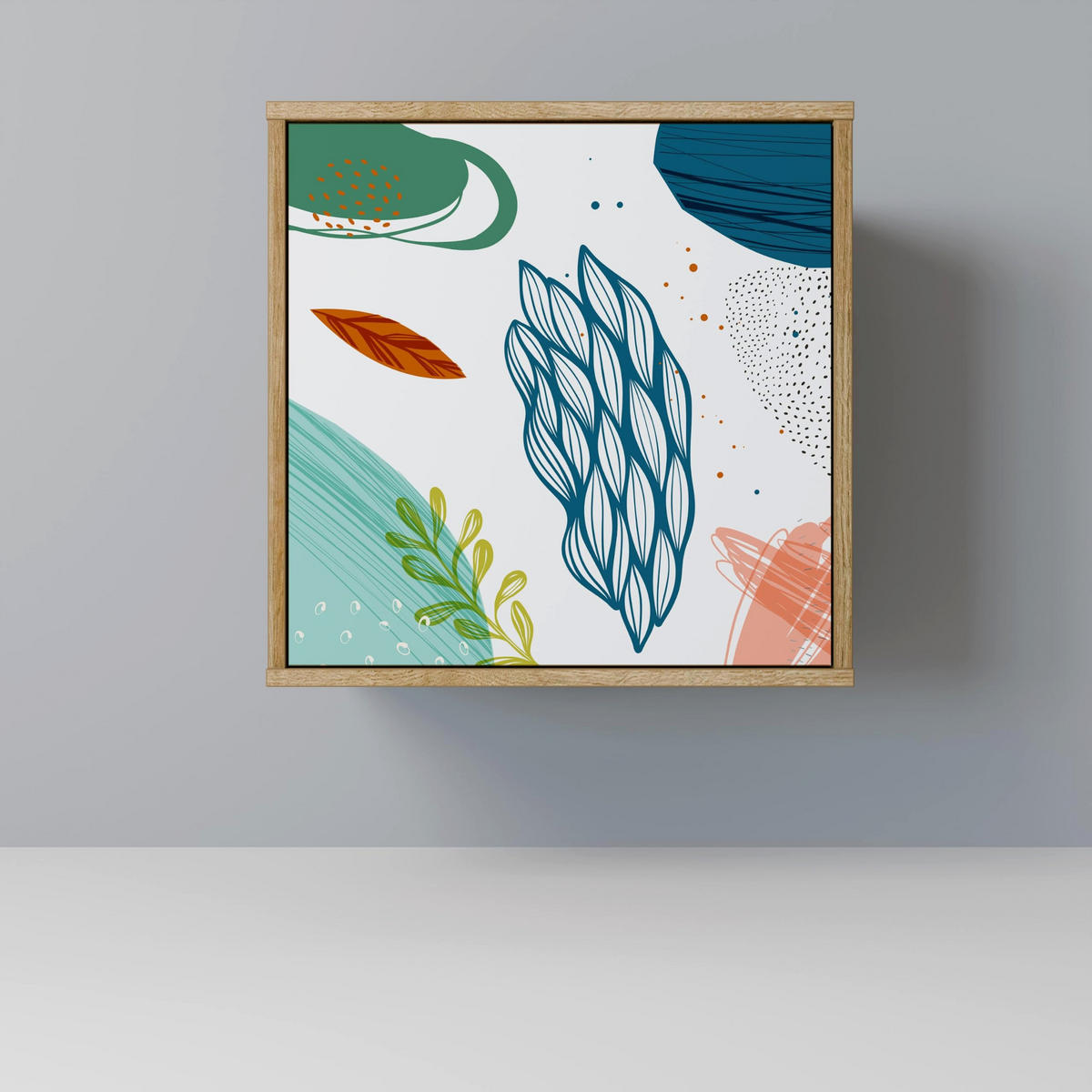 SIDEBOARD BOTANICAL HURRICANE, Eichefarben, 57,5x42x70,5 cm, Schwarze Metall-Sternfüße - Eichefarben/Multicolor, Holzwerkstoff/Metall (57.5/70.5/42cm) - SpaceRebels