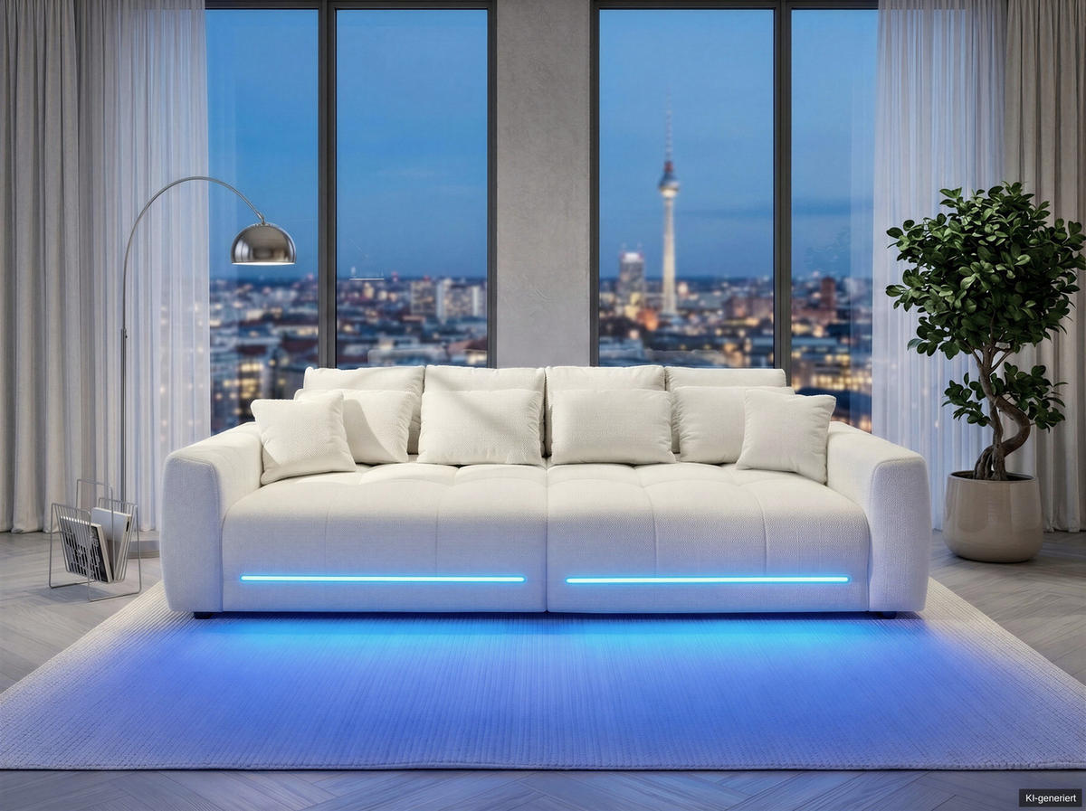 BIG-SOFA Federkern B294/T136/H86 cm, RGB-LED-Beleuchtung mit Fernbedienung, Chenille-Bezug in Beige / 15418 - Beige/Schwarz, Kunststoff/Textil (294/86/136cm) - luma-home