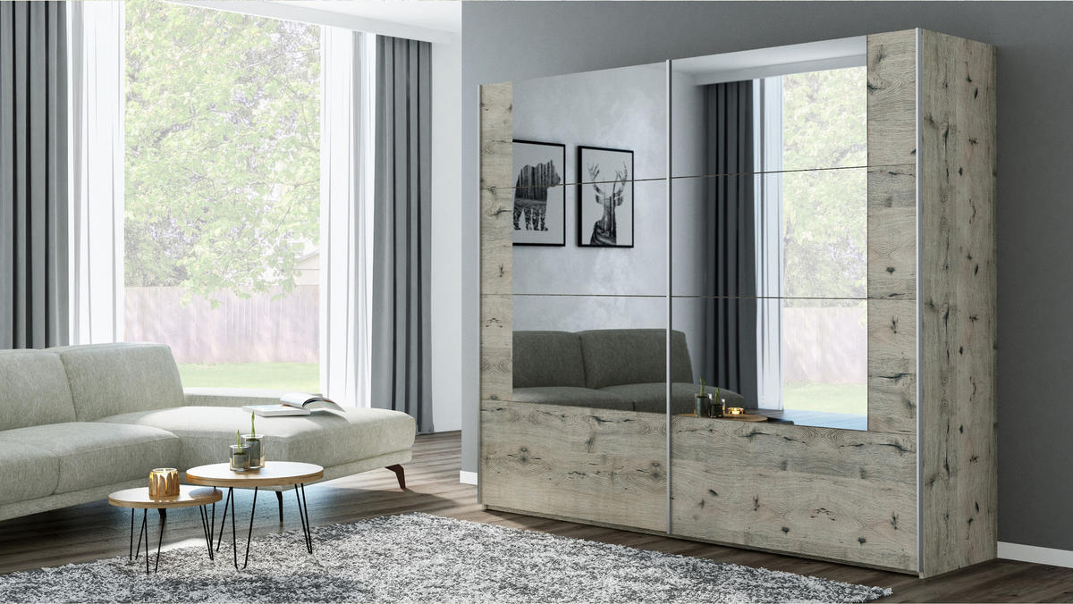 SCHWEBETÜRENSCHRANK RELL 250/215/65 cm 2-türig mit Spiegel Eichefarben - Eichefarben, Holzwerkstoff (250/215/65cm) - MASSENO