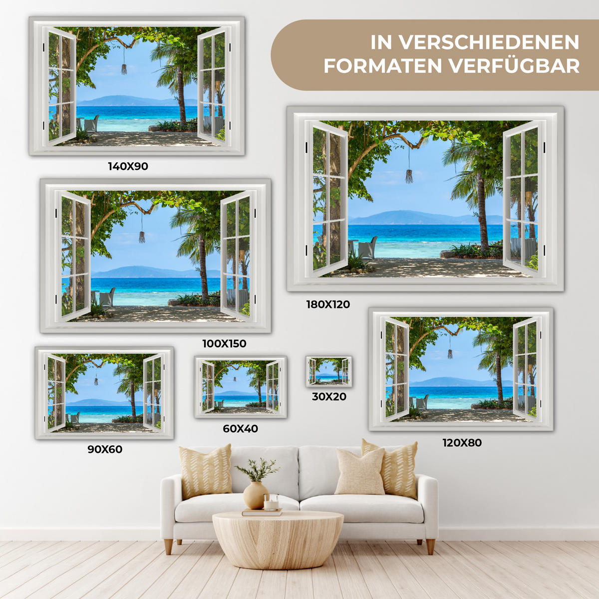 LEINWANDBILD Aussicht - Baum - Meer - Palme - Hügel - Strand - Blau XXL 150x100 cm - Blau, Textil (150/100cm) - MuchoWow