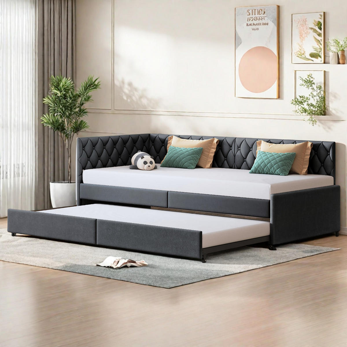 SCHLAFSOFA 90x200 cm, Samt Grau, Einzelbett ausziehbar, mit Lattenrost, ohne Matratze - Grau, Holz (90/200cm) - WoodenAura