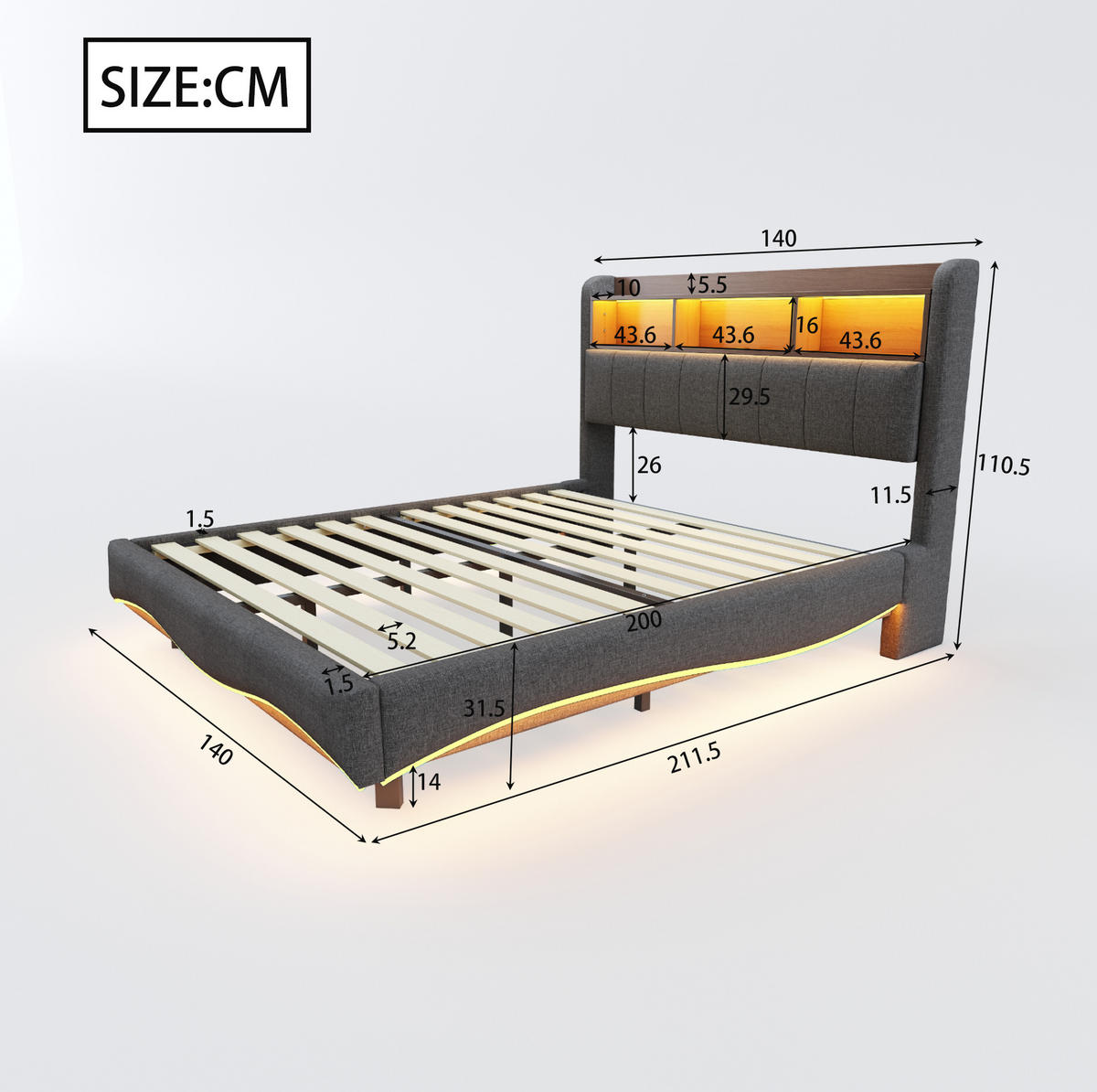 ČALOUNĚNÁ postel 140/200 cm šedá z tkaniny s LED osvětlením USB a úložným čelem - šedá, textil (140/200cm) - OKWISH