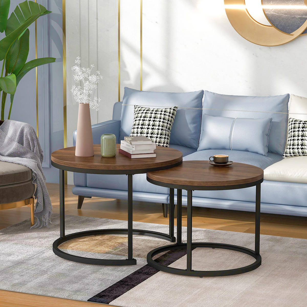 COUCHTISCH 2er Set mit runden geschachtelten Tischen Eiche 50/70.5/45.5/44 cm - Eichefarben/Schwarz, Holzwerkstoff/Metall (70.5/70.5/50cm) - EVRYAE