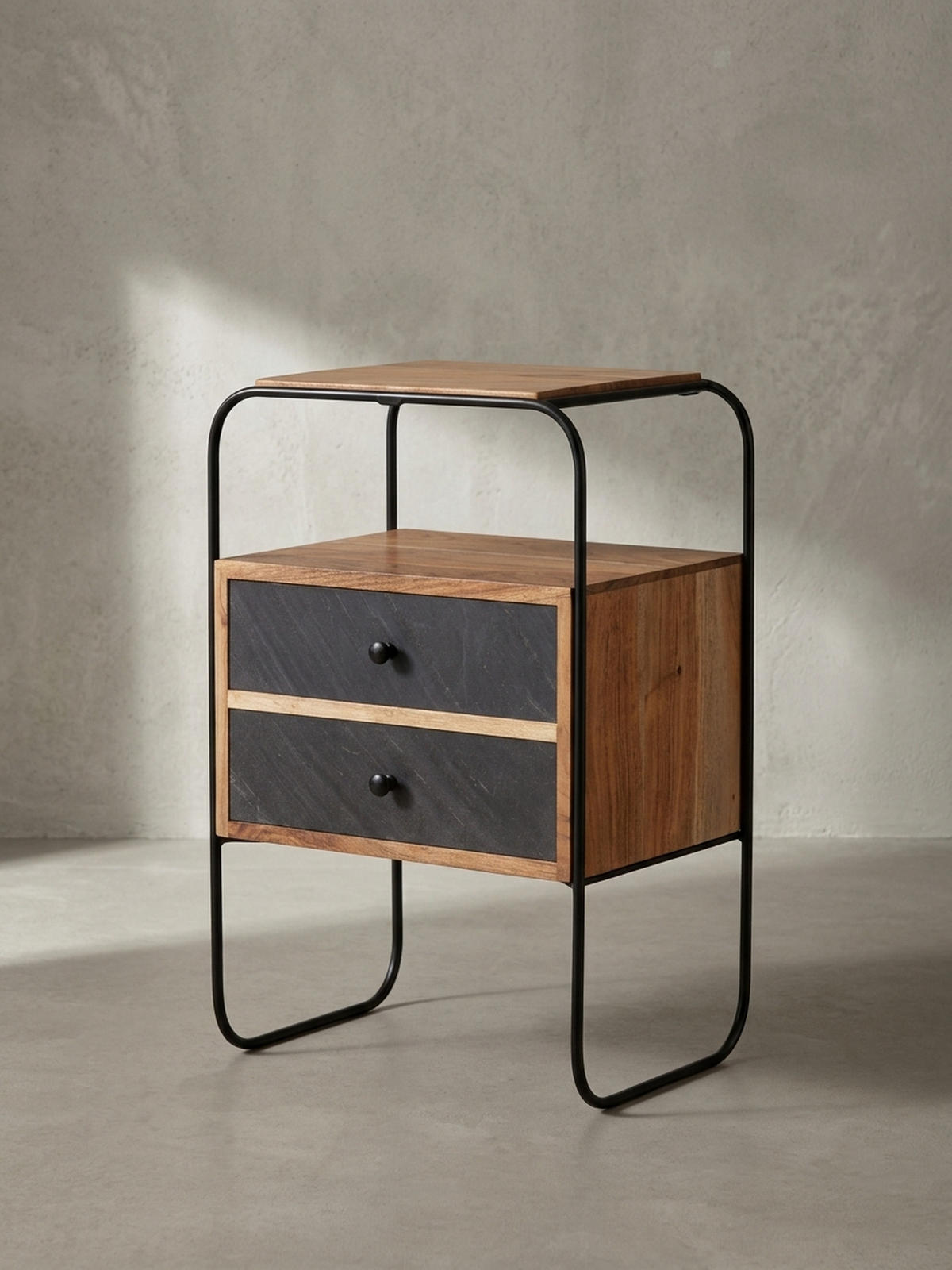 NACHTTISCH Massivholz Steinoptik 2 Schubladen Ablage Metallgestell, Akazie 40x30x60 cm - Schwarz/Akaziefarben, Holz/Metall (40/60/30cm) - KADIMA DESIGN