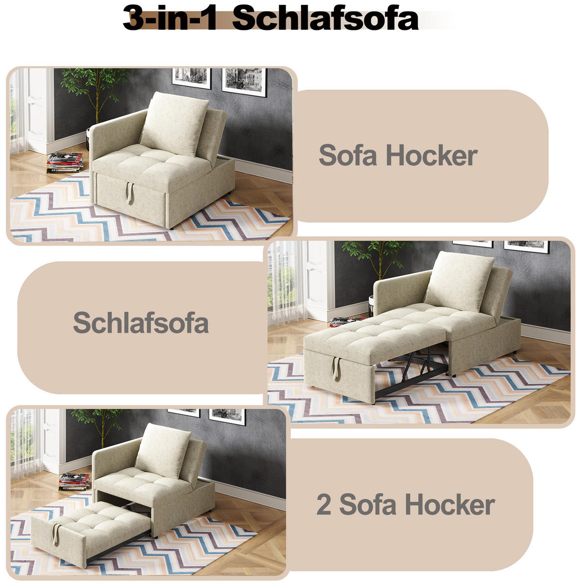 SCHLAFSOFA 3-in-1 Leinenstoff mit 5-fach verstellbarer Rückenlehne Beige 177/68/65 cm - Beige, Textil (68/65/177cm) - Redom