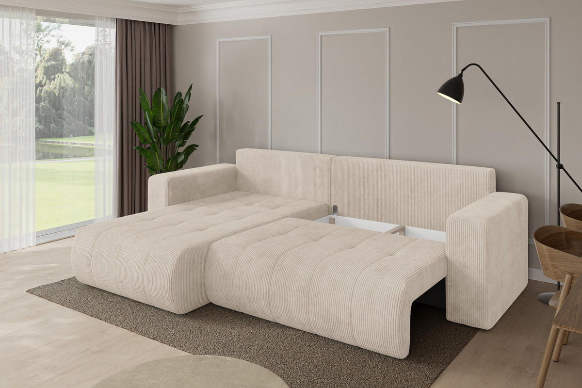ROHOVÁ SEDAČKA s funkcí spaní, otoman vlevo MILA-L 277x194x86 béžová manšestr - černá/béžová, kompozitní dřevo/textil (277/194cm) - ALTDECOR