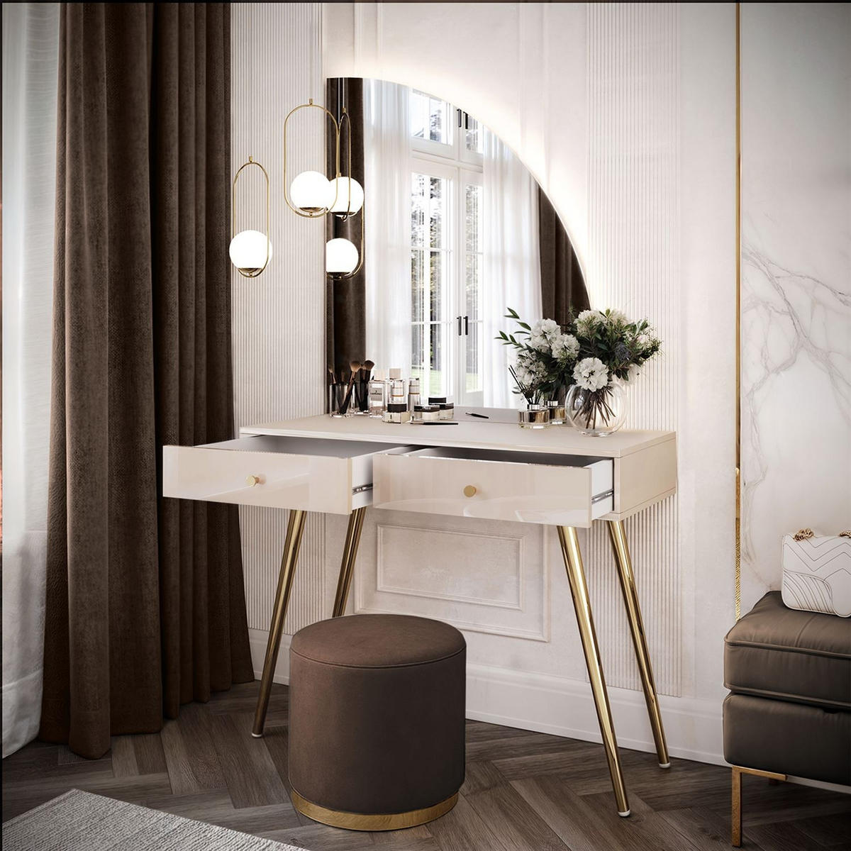 SCHMINKTISCH SIENNA-QS KASCHMIR mit LED-Spiegel PUSH OPEN - Kaschmir, Holzwerkstoff (100/81/42cm) - Lookway