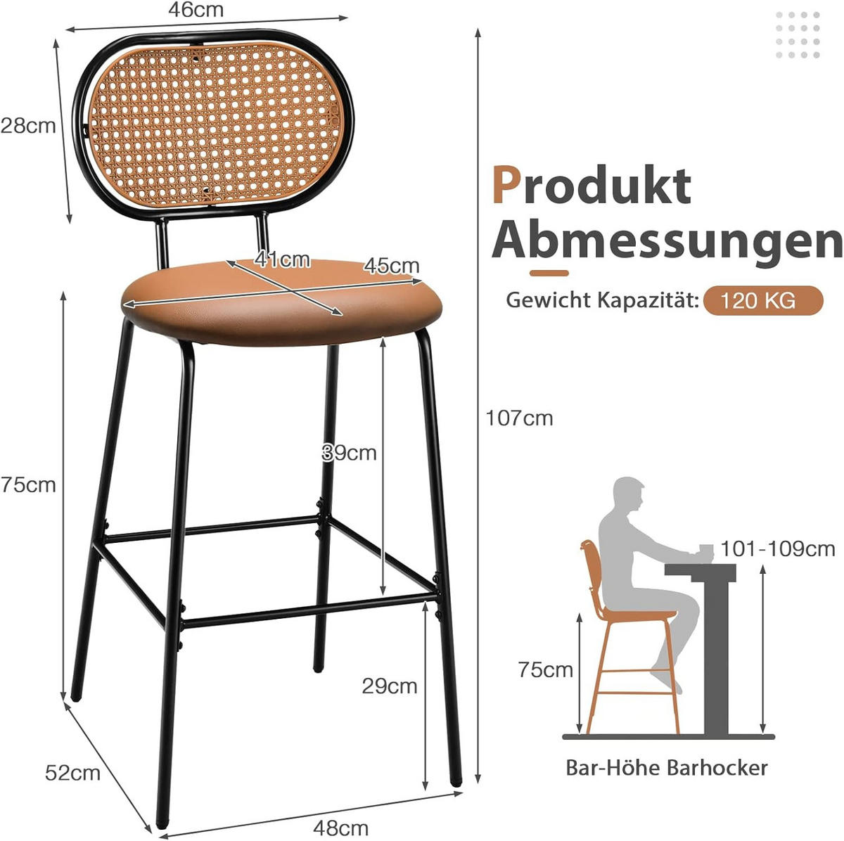 BARHOCKER mit Rückenlehne Braun(2er-Set) - Braun, Fell (48/107/52cm) - COSTWAY