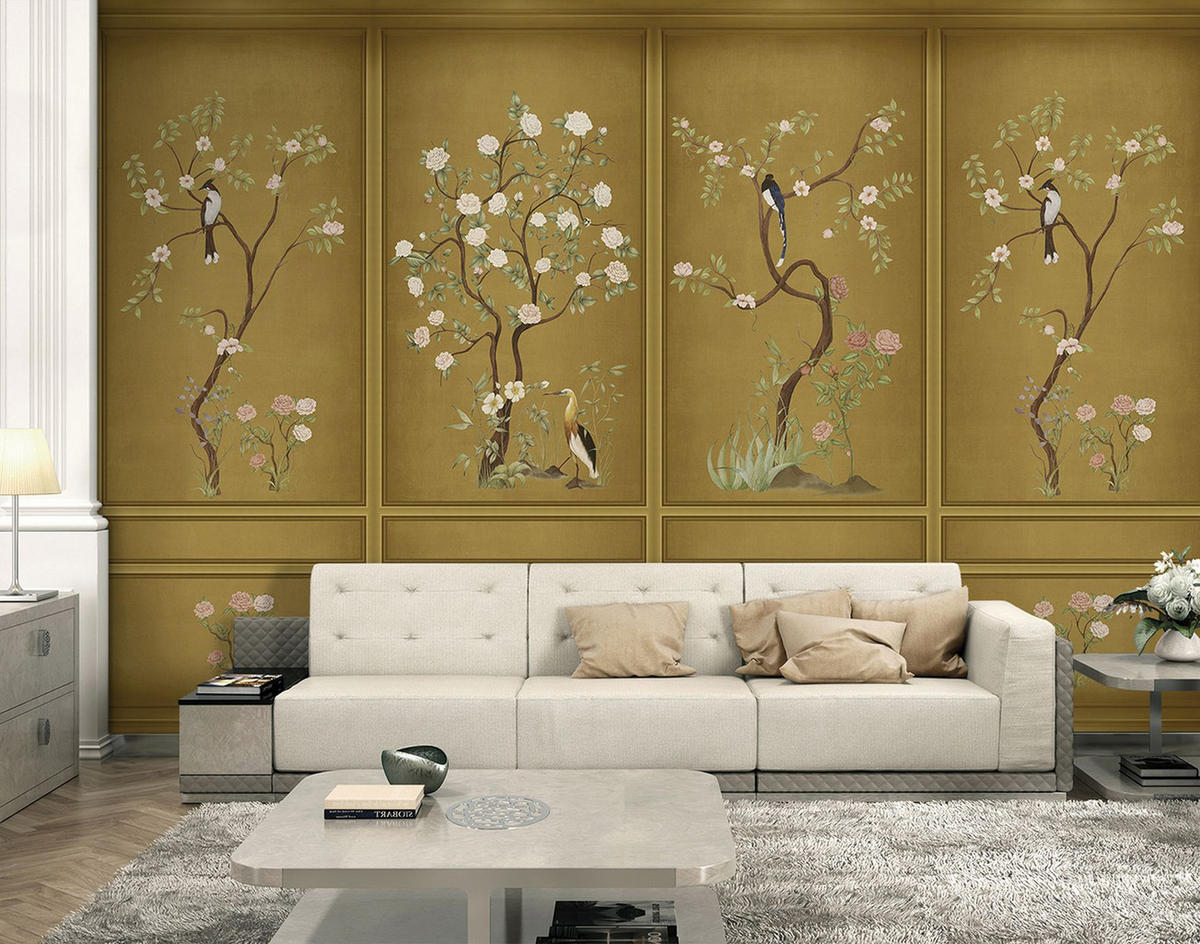 FOTOTAPETE Blumen und Vögel 318 x 280 cm - Gelb, Papier (318/280cm) - Sanders & Sanders