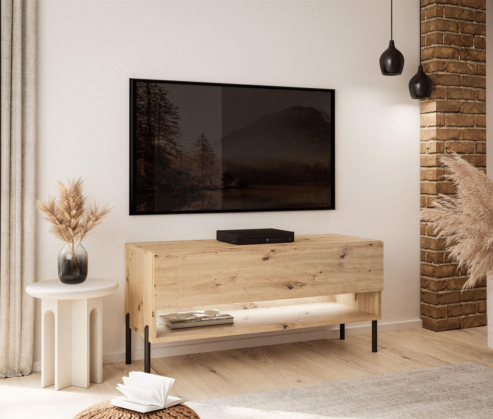 TV-LOWBOARD Schrank CALANTE 90 LOFT cm auf geraden schwarzen Beinen - Schwarz/Eiche Artisan, Holzwerkstoff/Metall (90/44/35cm) - Lookway