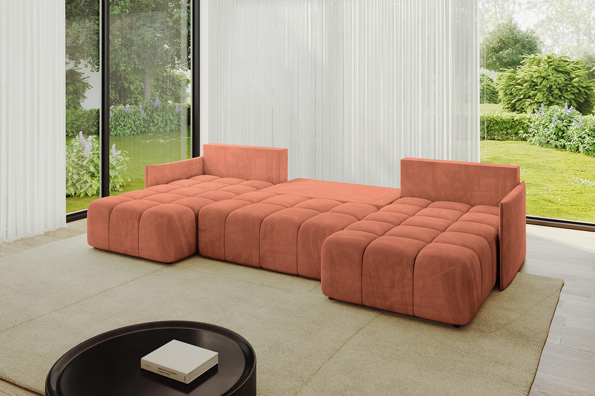 WOHNLANDSCHAFT LONLI-U 355x189x68 Apricot Velours - Koralle, Holzwerkstoff/Kunststoff (350/68/190cm) - ALTDECOR