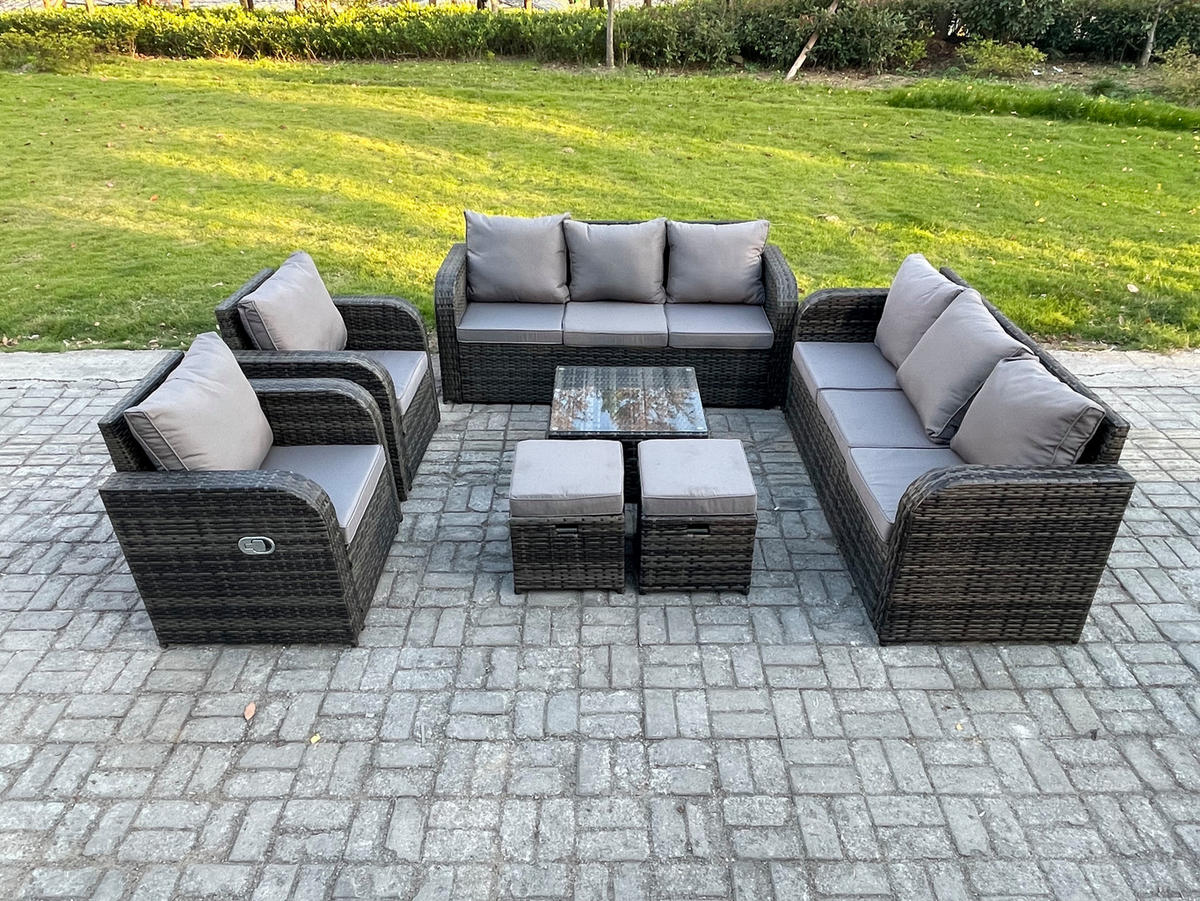 GARTENTISCHGRUPPE Polyrattan Dunkelgrau 7-teilige - Dunkelgrau/Grau, Glas/Kunststoff - Fimous