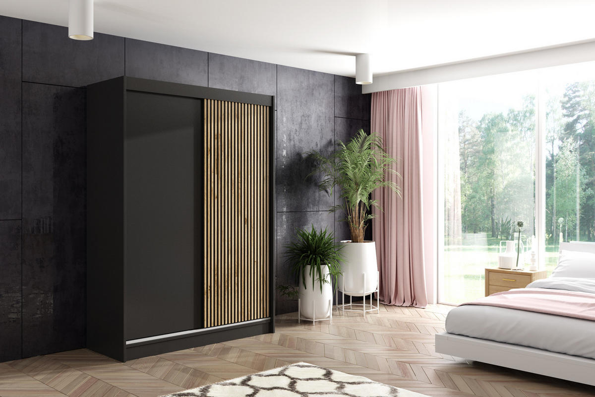 KLEIDERSCHRANK VILAN mit Lamel/LED - 150 cm - Schwarz|Eiche Wotan - Eiche Wotan/Schwarz, Holzwerkstoff (150/215/61cm) - ALTDECOR