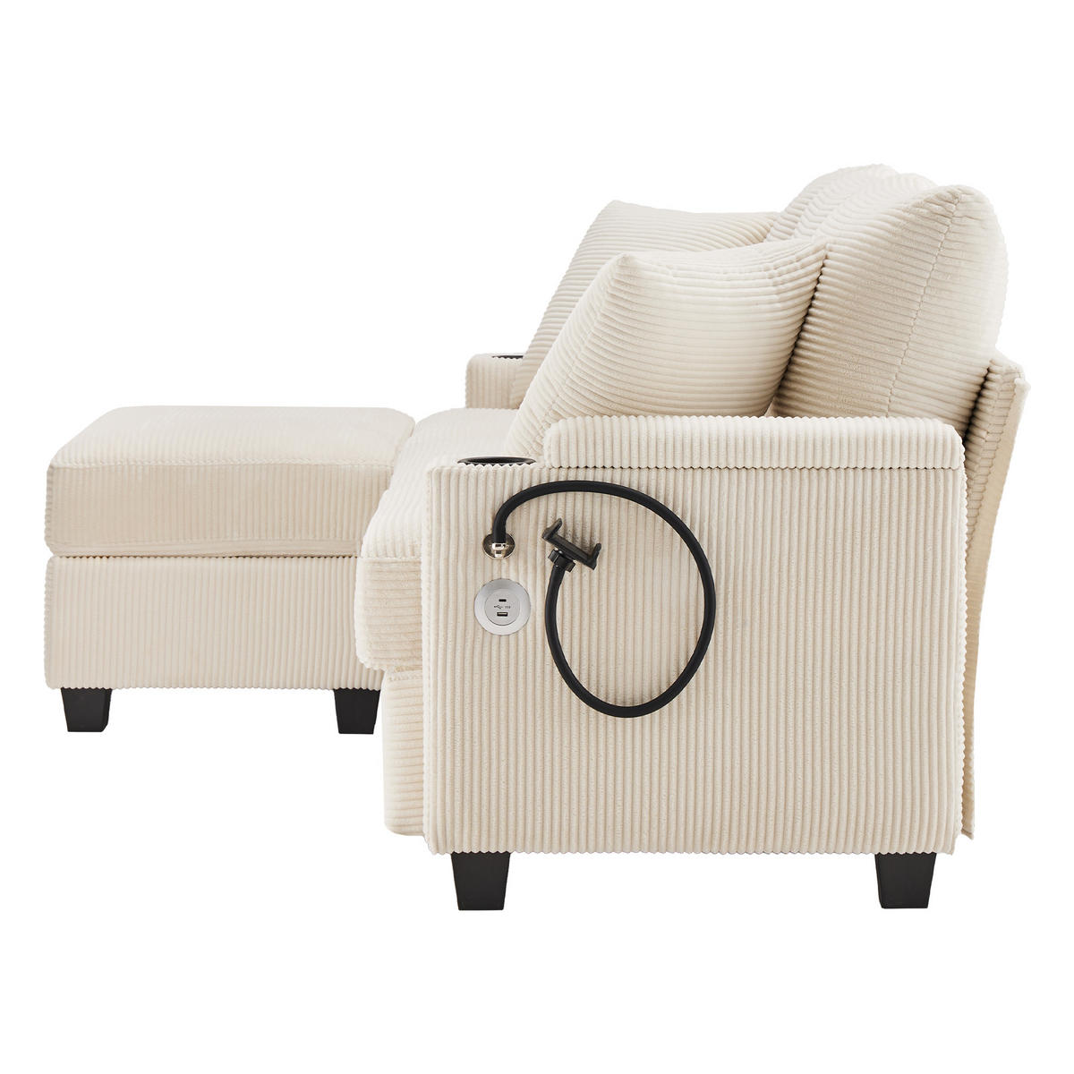 ECKSOFA 213.5/139/87 cm Beige mit Fußhocker, Getränkehalter, USB-Ladegerät und Armlehnenablage - Beige, Textil (213.5/139cm) - Oxeza