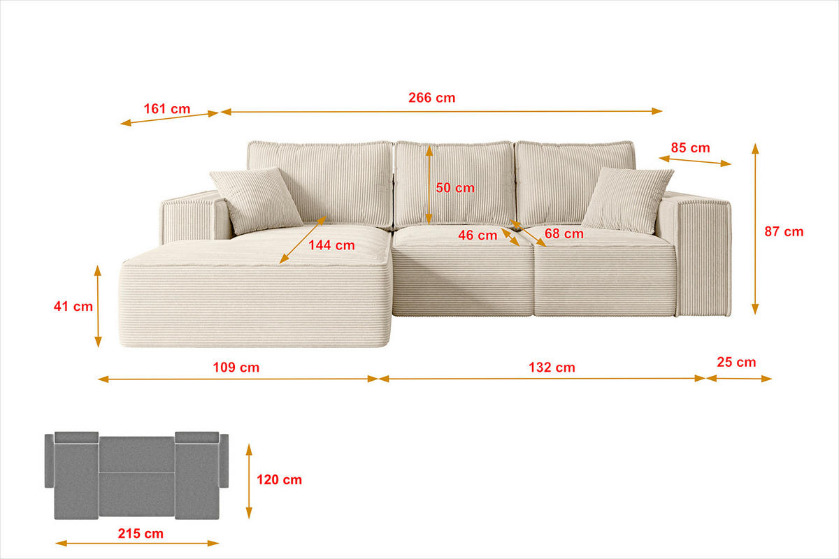 ECKSOFA mit Schlaffunktion und Bettkasten SERRA-L-S - 266x161x87 cm Beige Cord - Beige/Schwarz, Holzwerkstoff/Kunststoff (266/161cm) - ALTDECOR