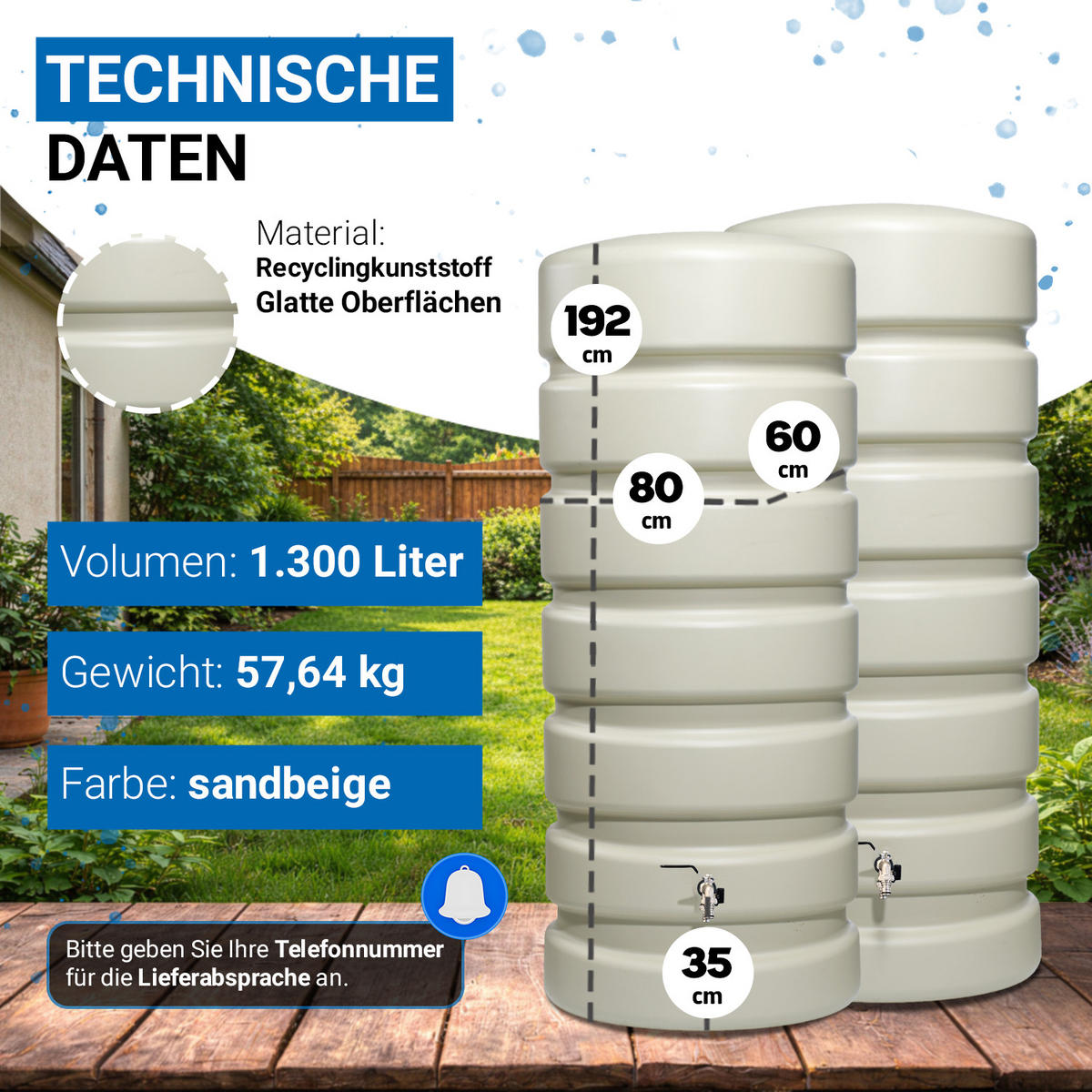 REGENTONNE Wandtank-SET Komplett-Set 1300 L, sandbeige 2 x 650 L, inkl. Verbinder und Fallrohranschluss - Beige, Kunststoff (160/192/60cm) - 4rain