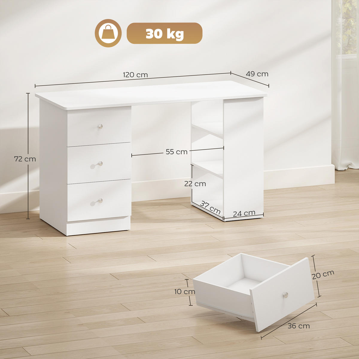 BÜROTISCH Weiß 1 Stück - Weiß, Holzwerkstoff (49/120/72cm) - GiPP