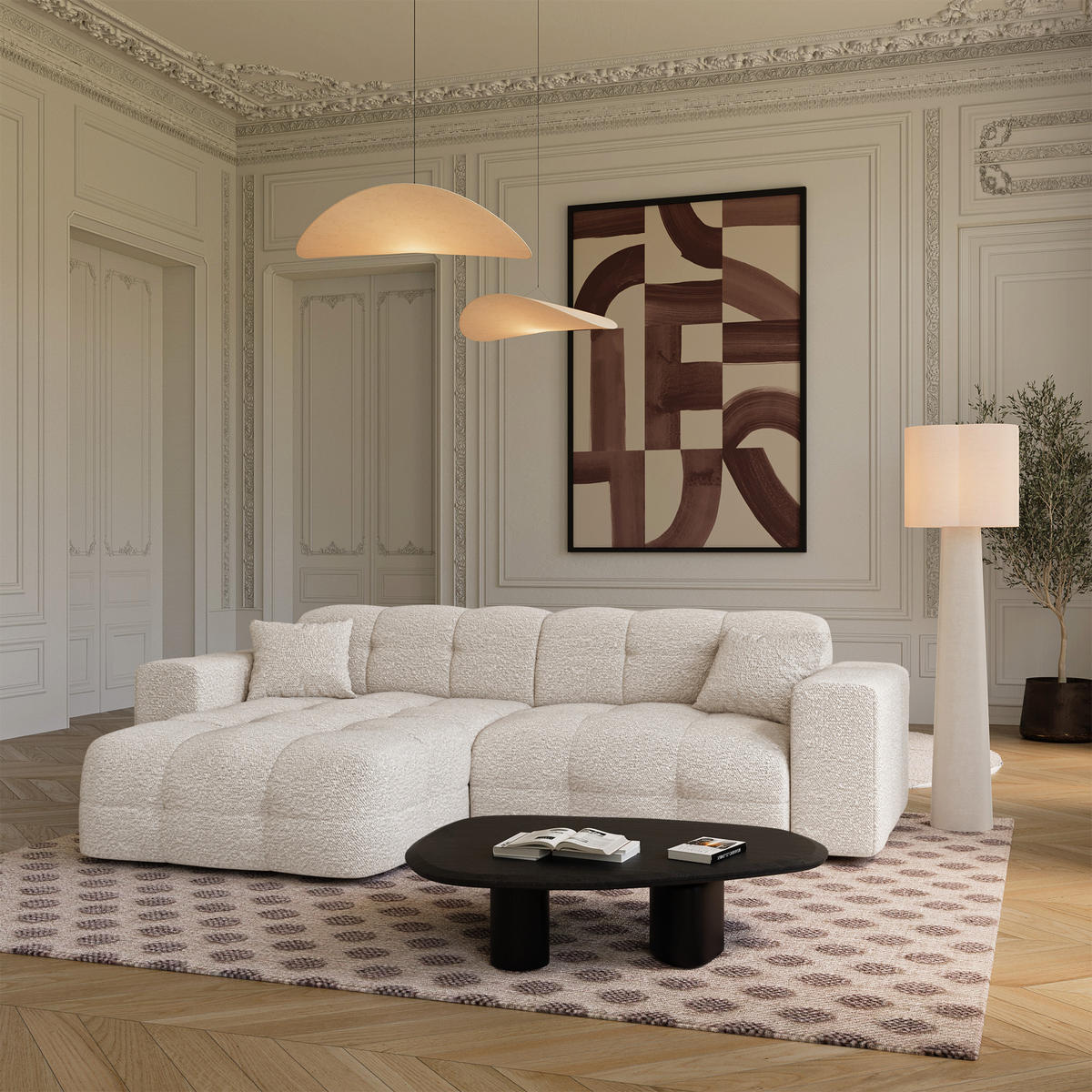ECKSOFA (links) COCOON Frottee Creme 230cm - Creme, Textil (230/155cm) - Premium Interiors