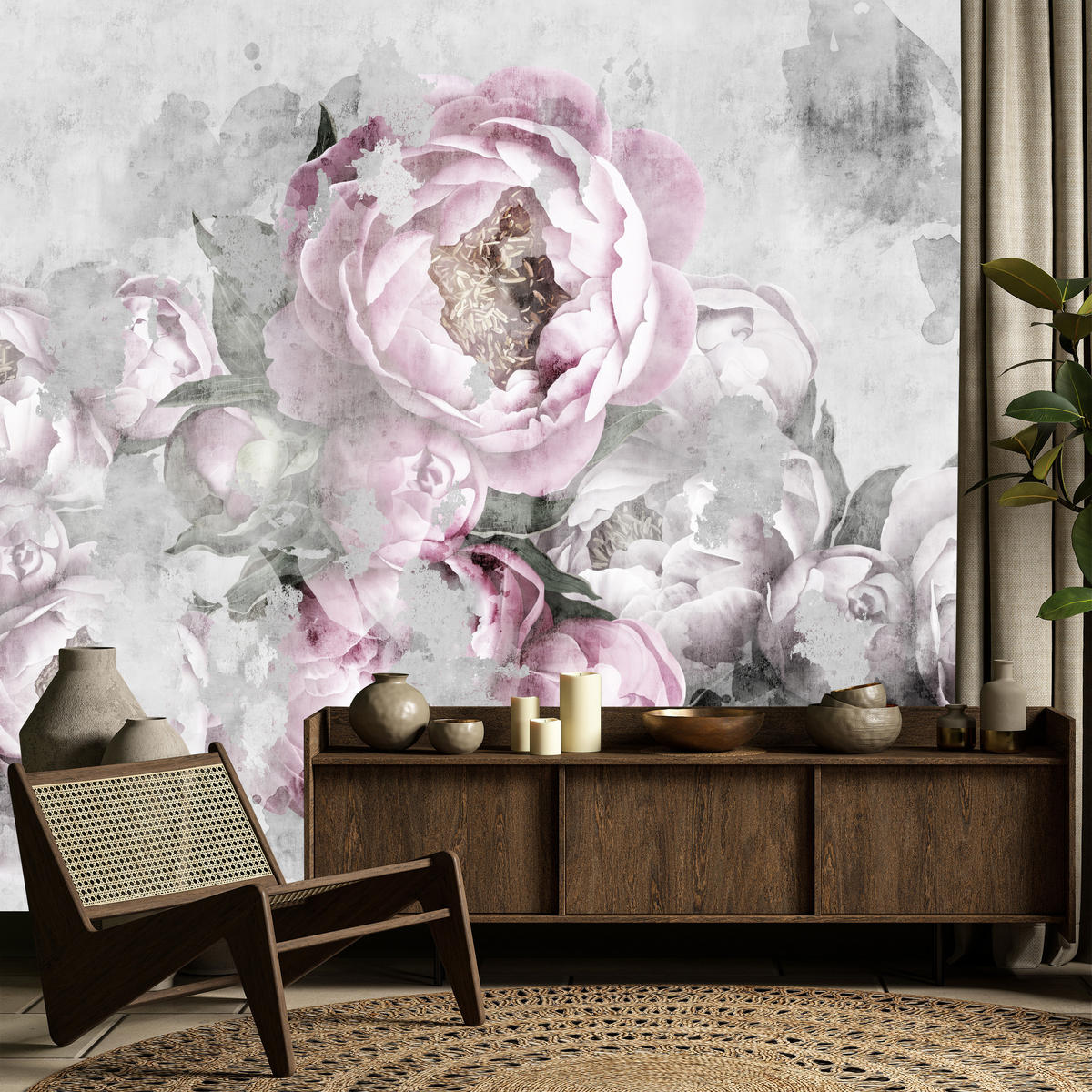 FOTOTAPETE für Küche Abstrakte Pink Pfingstrosen Beton Vintage 200x140 - Rosa/Grau, Papier (200/140cm) - Muralo