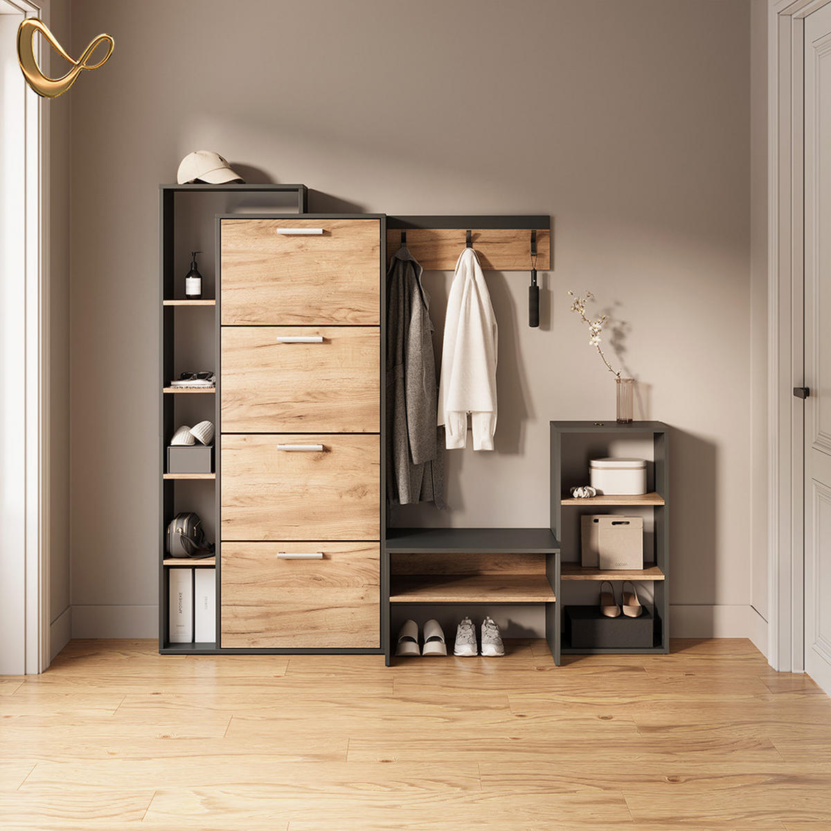 AUFBEWAHRUNGSREGAL Ortello Anthrazit/Goldkraft Eiche 40 x 80.1 cm - Honigeiche/Anthrazit, Holzwerkstoff (40/80.1/24cm) - Livinity®