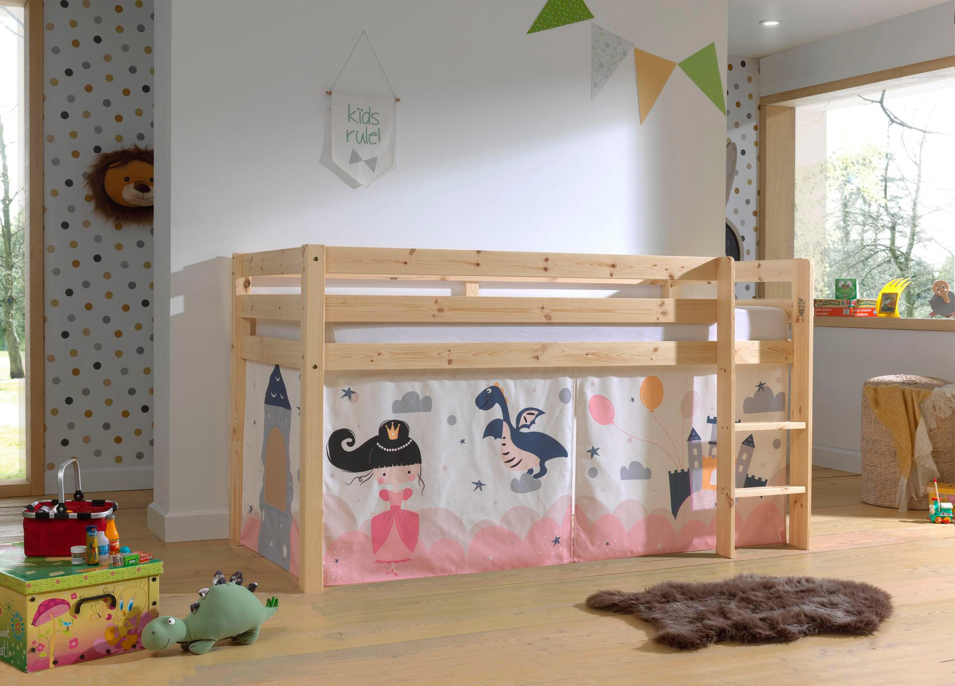 KINDERBETT Karolina 210x114x106 Massivholz Natur Textilset Sophie - Magnolie/Kieferfarben, Holz (90/200cm) - 58aufmkessel