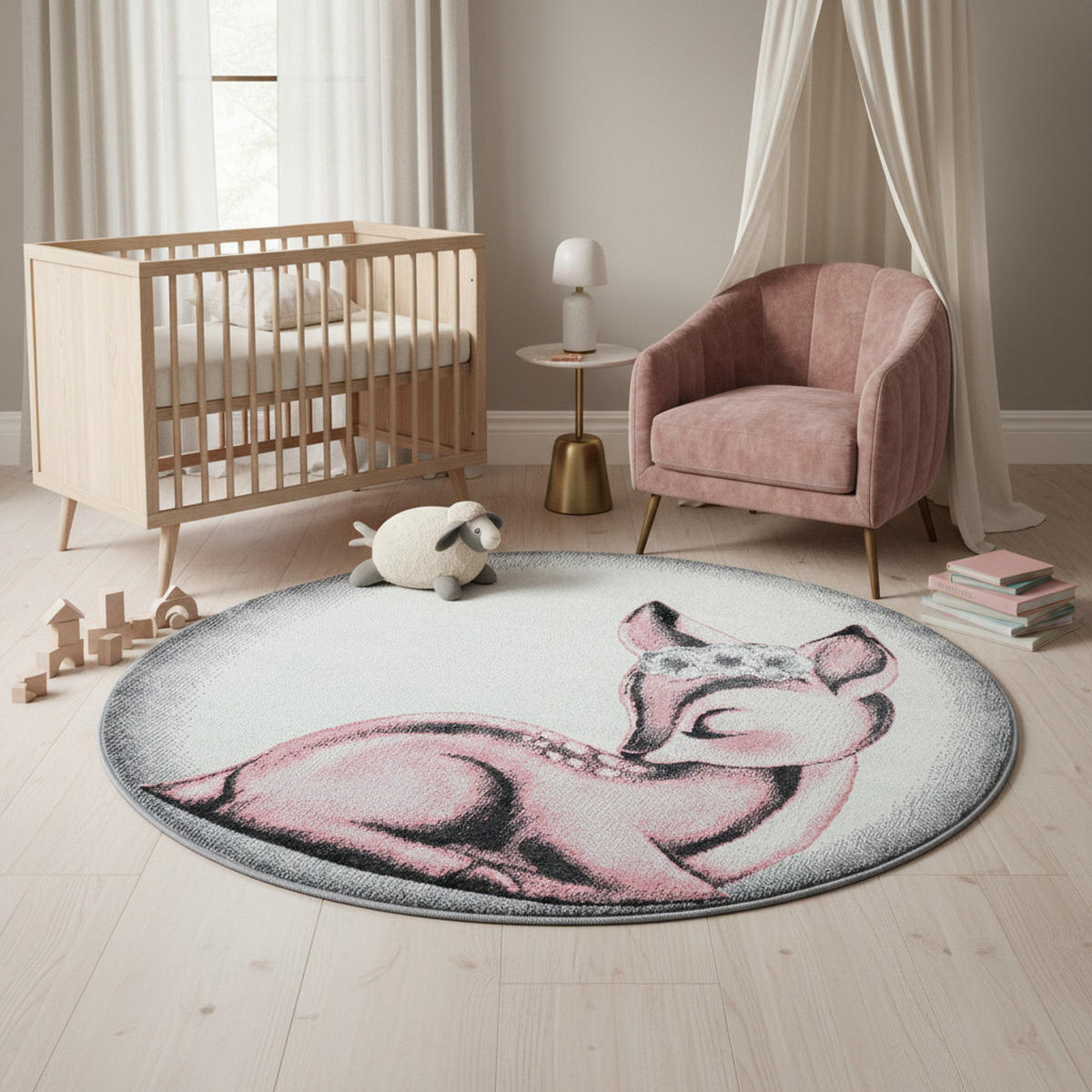 TEPPICH Kinder Kurzflor Reh Polypropylen Kinderzimmer Pink Rund 160x160 - Rosa, Textil (160/160cm) - KADIMA DESIGN