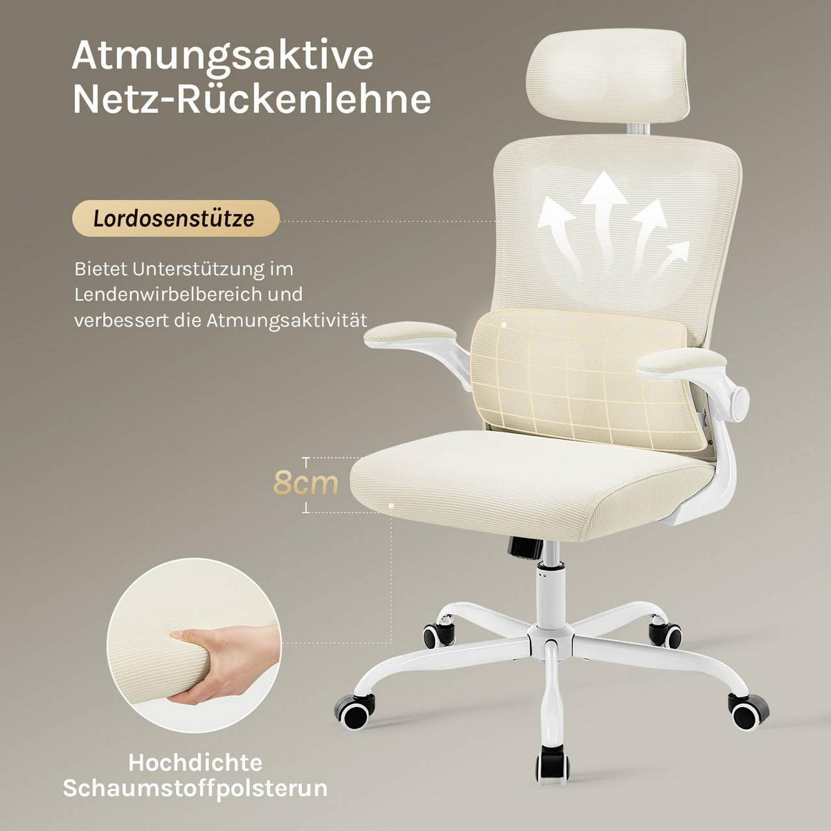 BÜROSTUHL ergonomisch, Netzstoff, Beige - Beige, Kunststoff/Textil (62/116/69.5cm) - Woltu