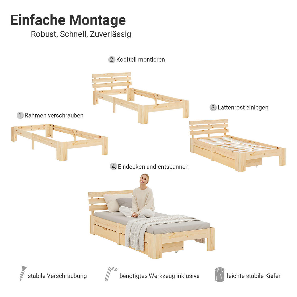 HOLZBETT mit Stauraum 90/200 cm natur - Braun, Holz (90/200cm) - Homestyle4u
