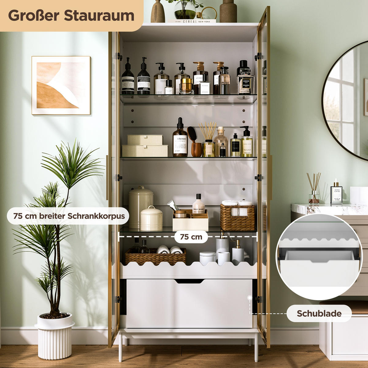 VITRINE in Weiß mit Glastür und Schublade für Wohnzimmer, B75/T35/H170,8 cm - Transparent/Weiß, Glas/Holzwerkstoff (75/170.8/35cm) - STILVORA