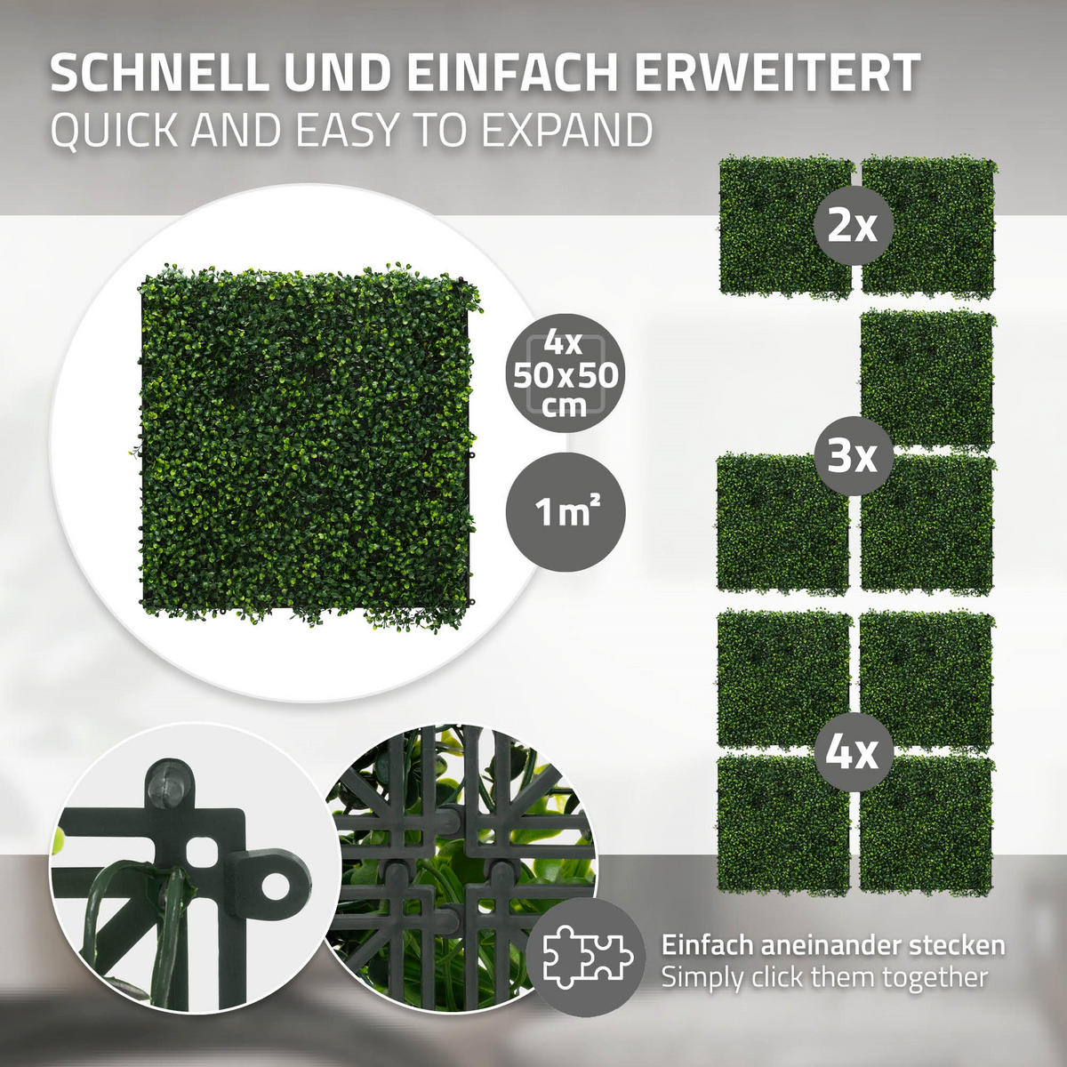 UMĚLÁ ROSTLINNÁ STĚNA, sada 4 ks, 50 x 50 cm, umělé rostliny na stěnu, interiér i exteriér, zelená, Classic Buxus - tmavě zelená, plast (50/50/5cm) - ECD-Germany