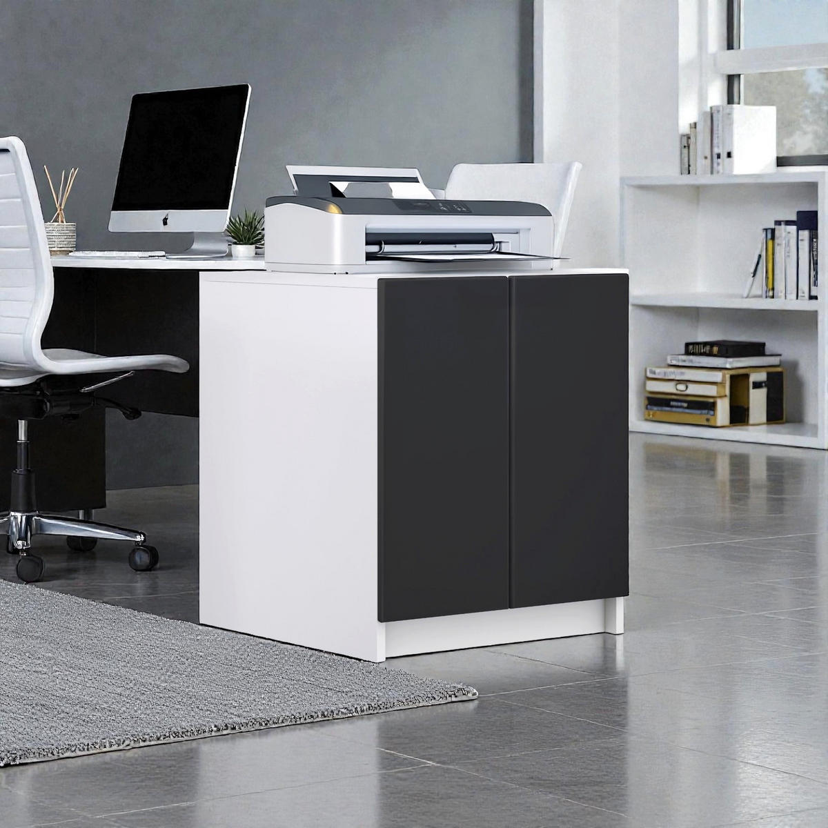 DRUCKERSCHRANK Elona, Druckerkommode mit Soft-Close & Push-to-Open, Home Office & Büro, Weiß/Schwarz matt (51 x 60,5 x 54 cm) - Schwarz, Holzwerkstoff (51/60.5/54cm) - InnoFurn