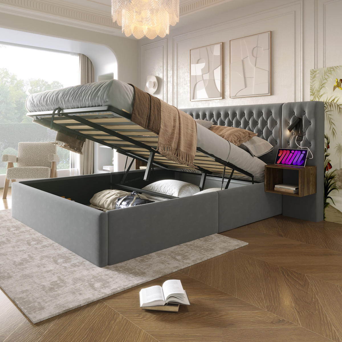 POLSTERBETT 160/200 cm mit hydraulischem Bettkasten, LED-Leselicht & USB/Type-C, Grau Samt - Grau, Textil (160/200cm) - Redom