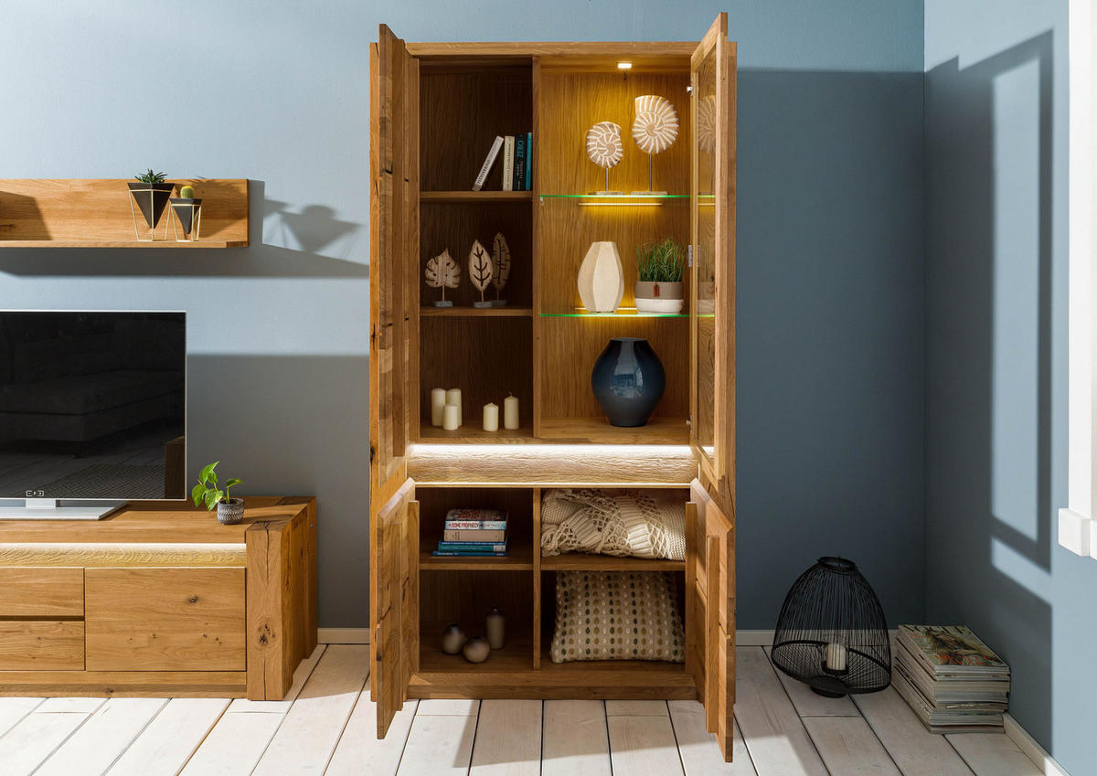 VITRINE Wildeiche 113x40x205 braun geölt KENT #203 - Braun, Holz (113/205/40cm) - Massivmoebel24