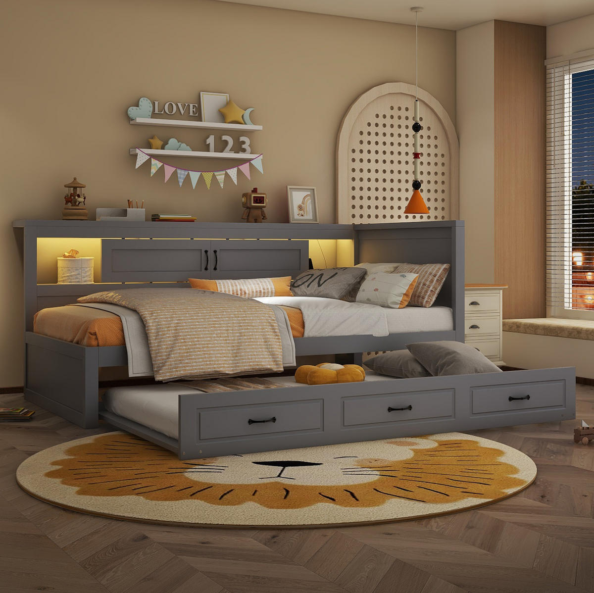 MULTIFUNKTIONSBETT 90/200 cm grau mit LED-Beleuchtung und ausziehbarem Bett - Grau, Holzwerkstoff (90/200cm) - OKWISH