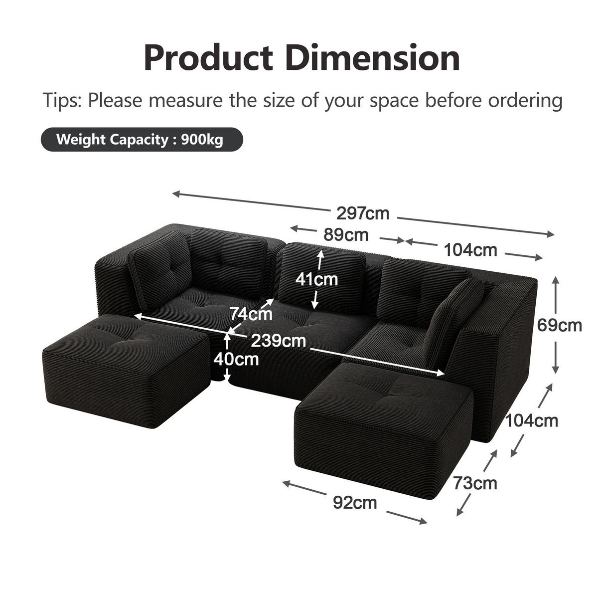 ECKSOFA 297/177/69 cm schwarz aus Cord mit modularem Design ohne Montage - Schwarz, Textil (177/297cm) - OKWISH